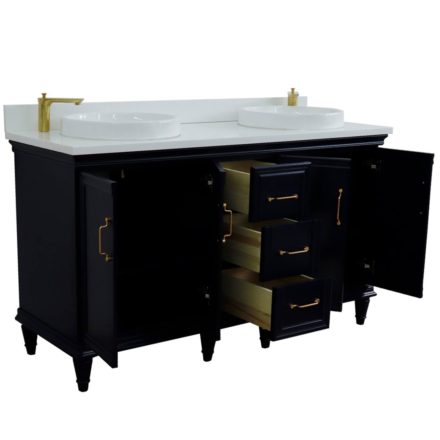 61" Double sink vanity in Blue finish and White engineered stone and round sink