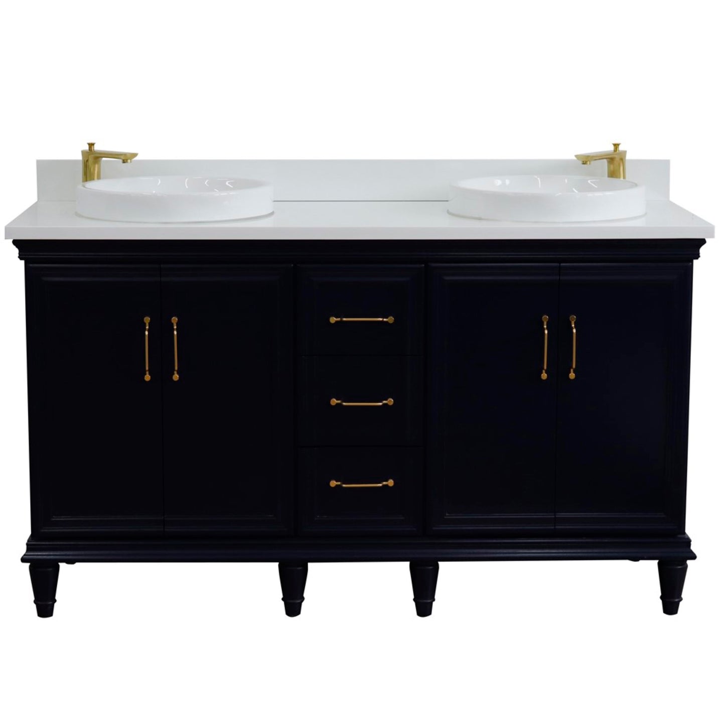 61" Double sink vanity in Blue finish and White engineered stone and round sink