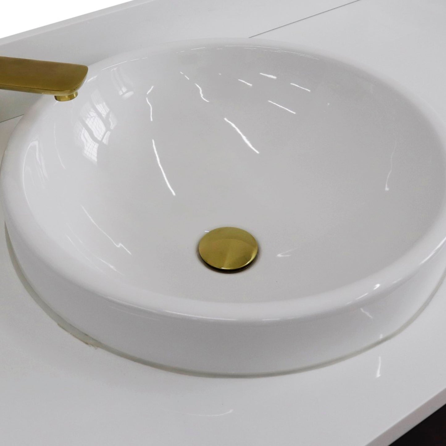 61" Double sink vanity in Blue finish and White engineered stone and round sink