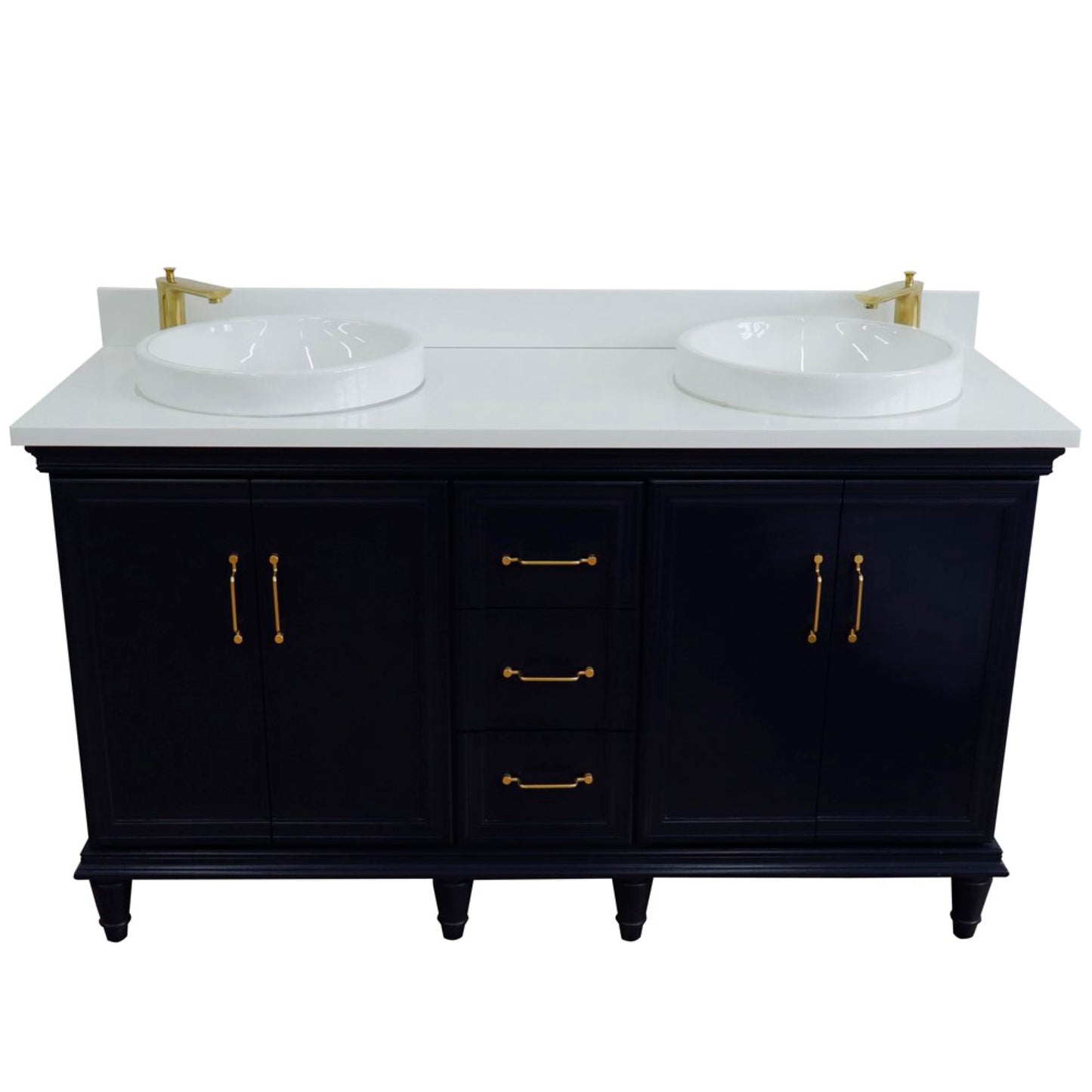 61" Double sink vanity in Blue finish and White engineered stone and round sink