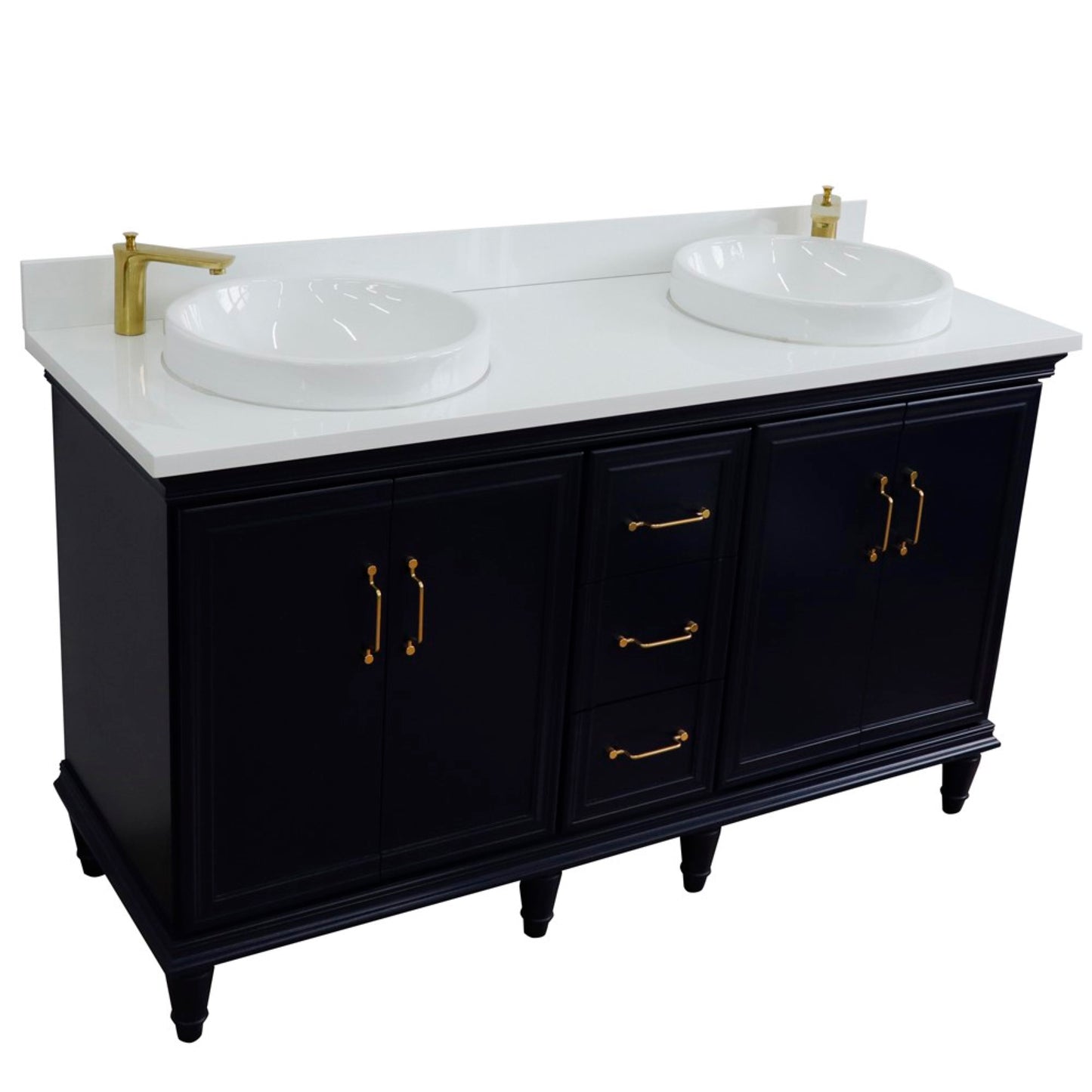 61" Double sink vanity in Blue finish and White engineered stone and round sink