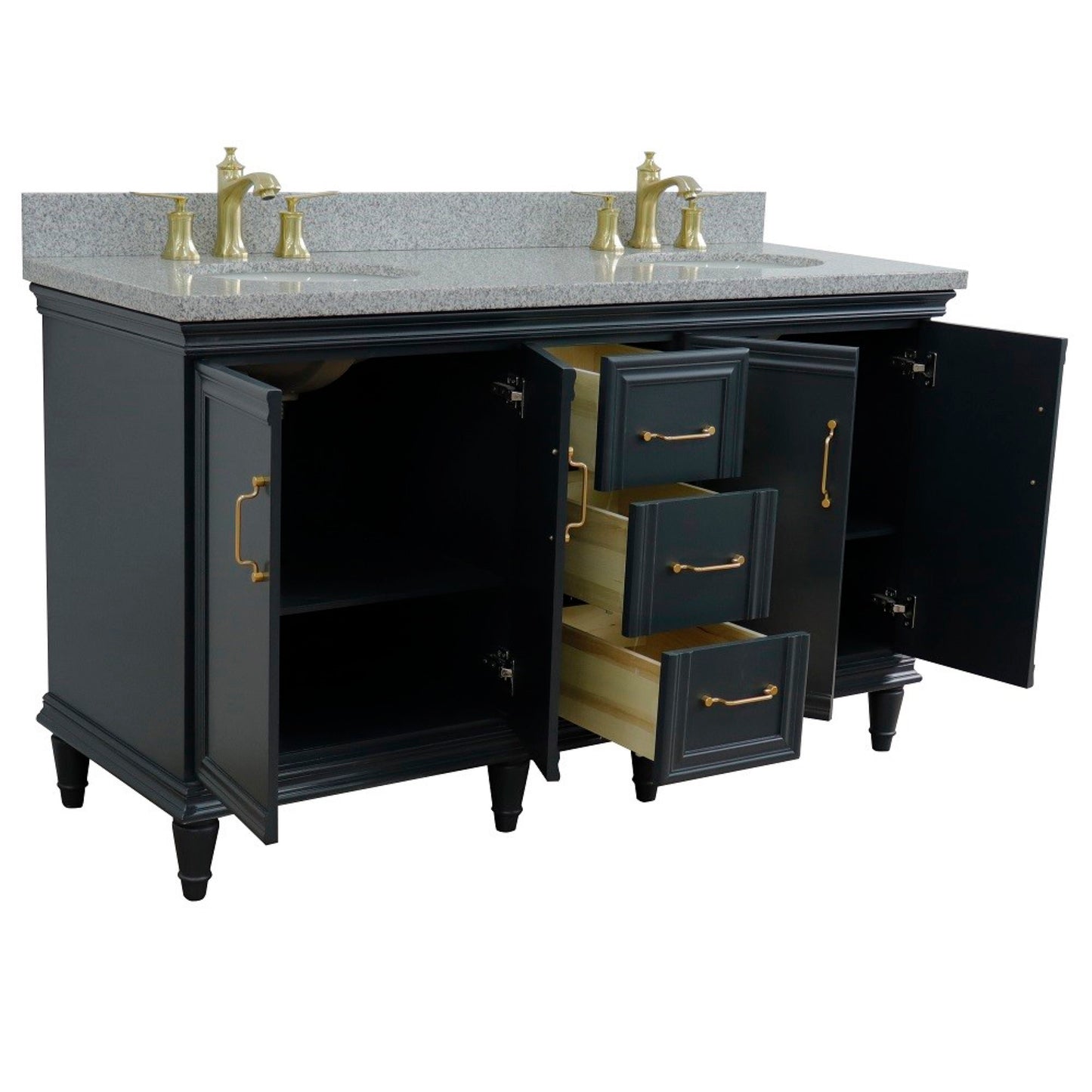 61" Double sink vanity in Dark Gray finish and Gray granite and oval sink