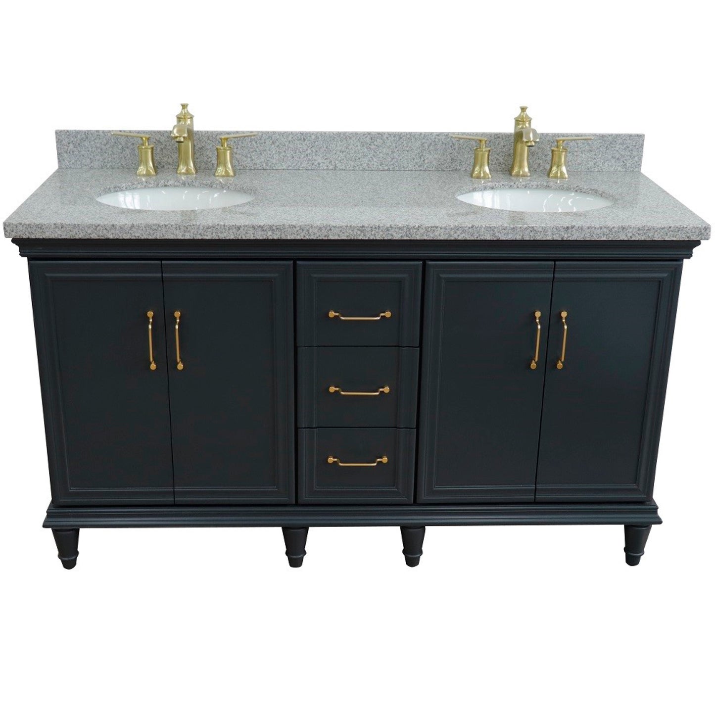 61" Double sink vanity in Dark Gray finish and Gray granite and oval sink