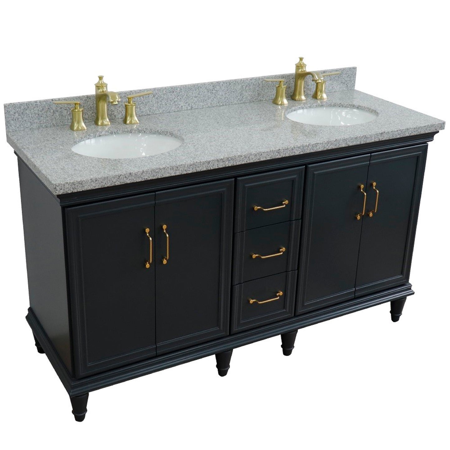 61" Double sink vanity in Dark Gray finish and Gray granite and oval sink