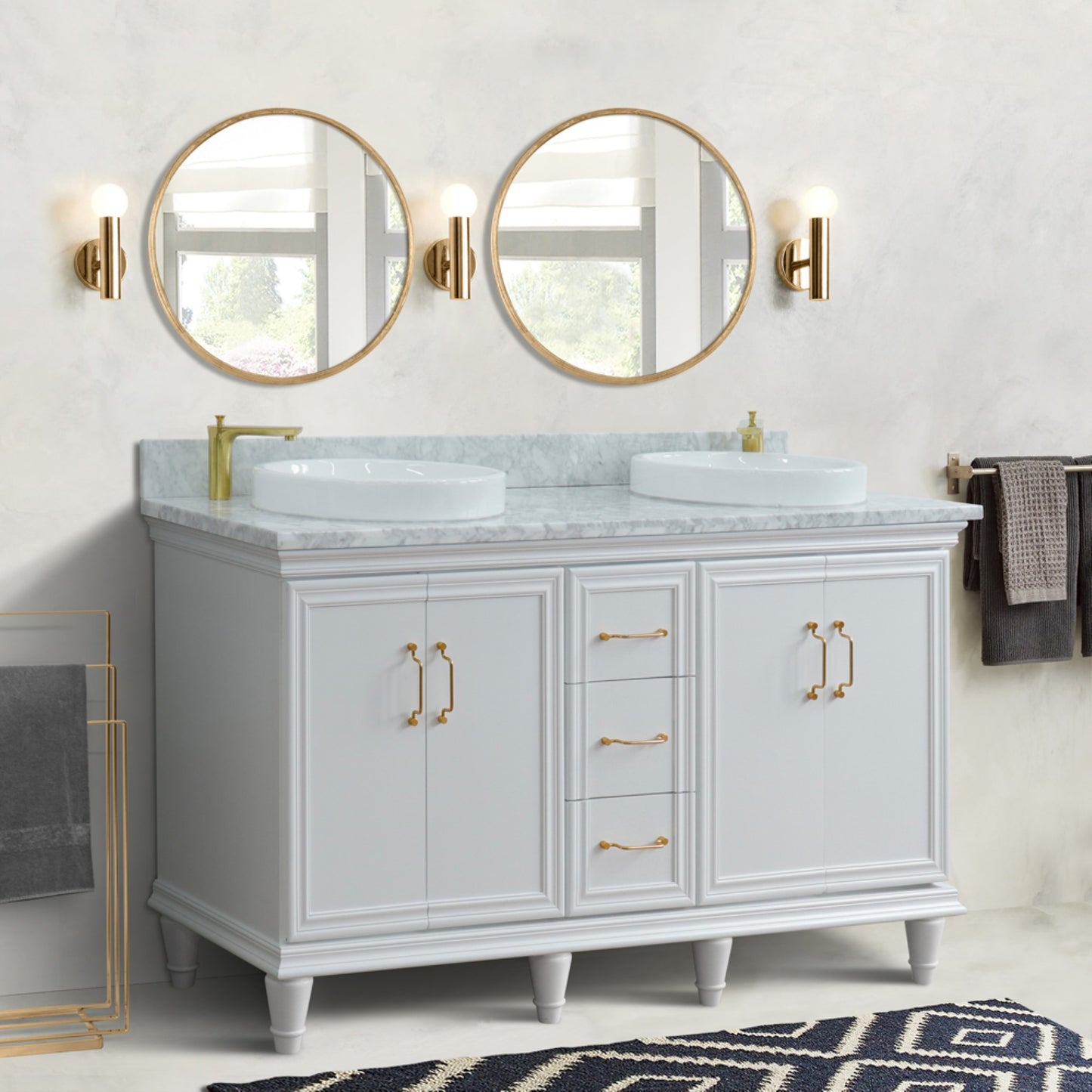 61" Double sink vanity in White finish and White Carrara marble and round sink