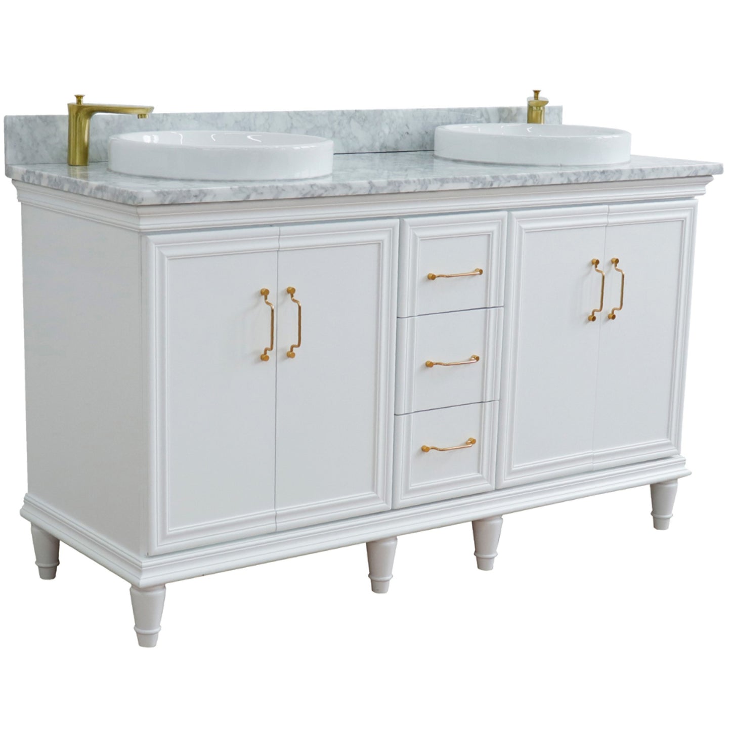 61" Double sink vanity in White finish and White Carrara marble and round sink
