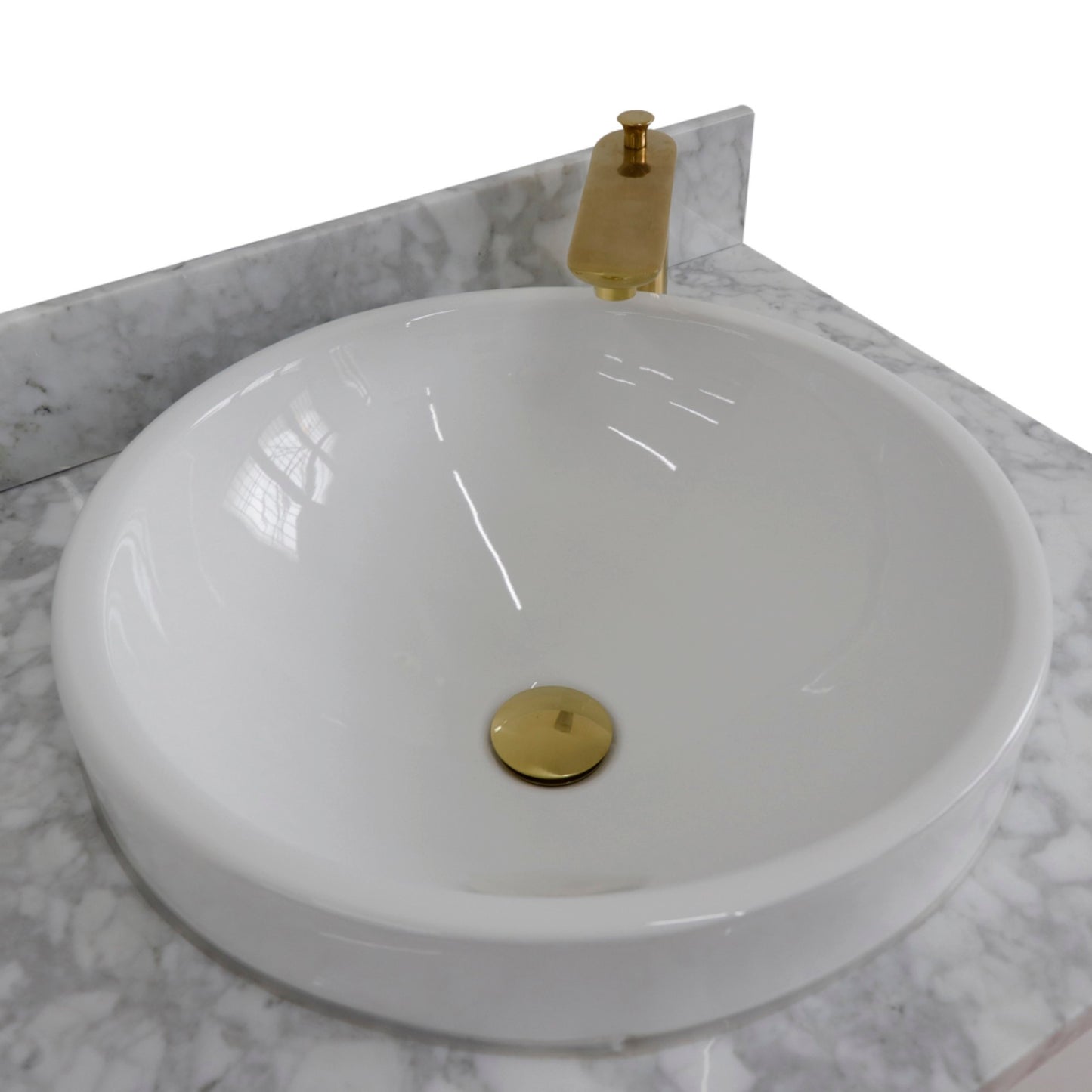 61" Double sink vanity in White finish and White Carrara marble and round sink