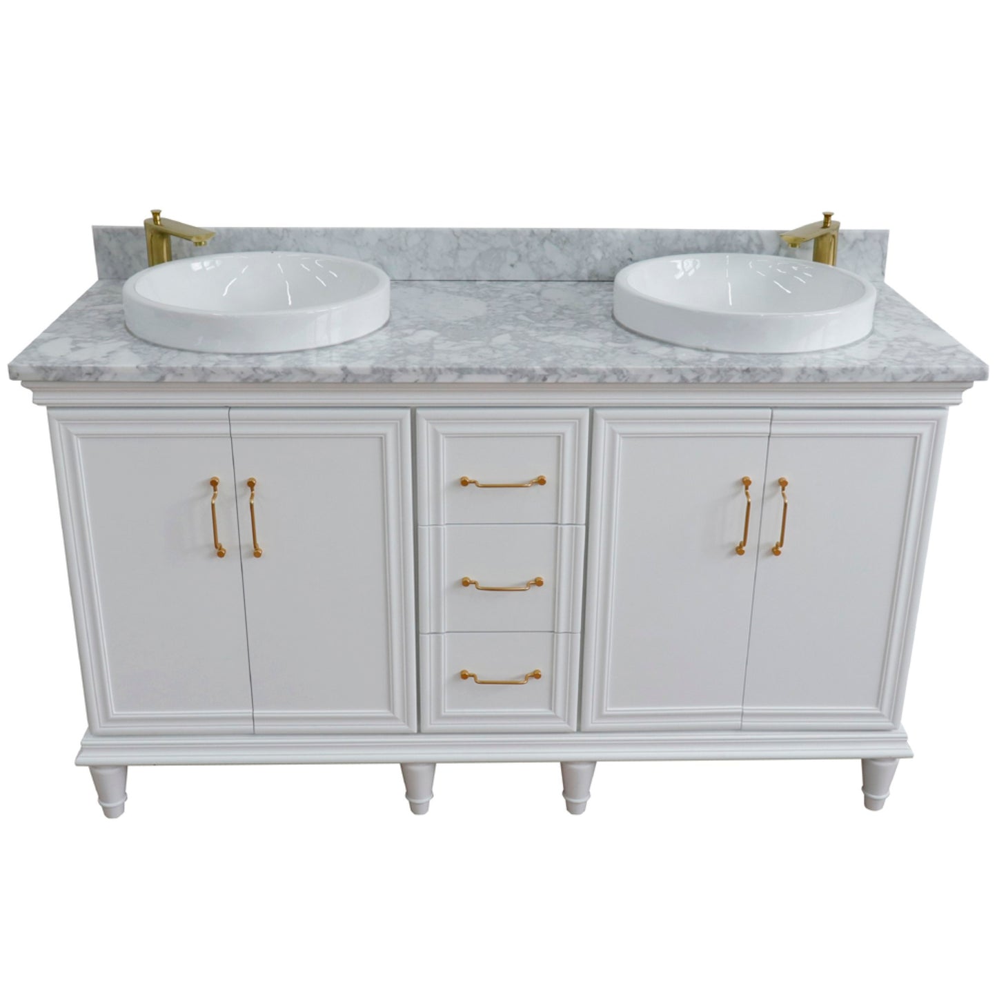 61" Double sink vanity in White finish and White Carrara marble and round sink
