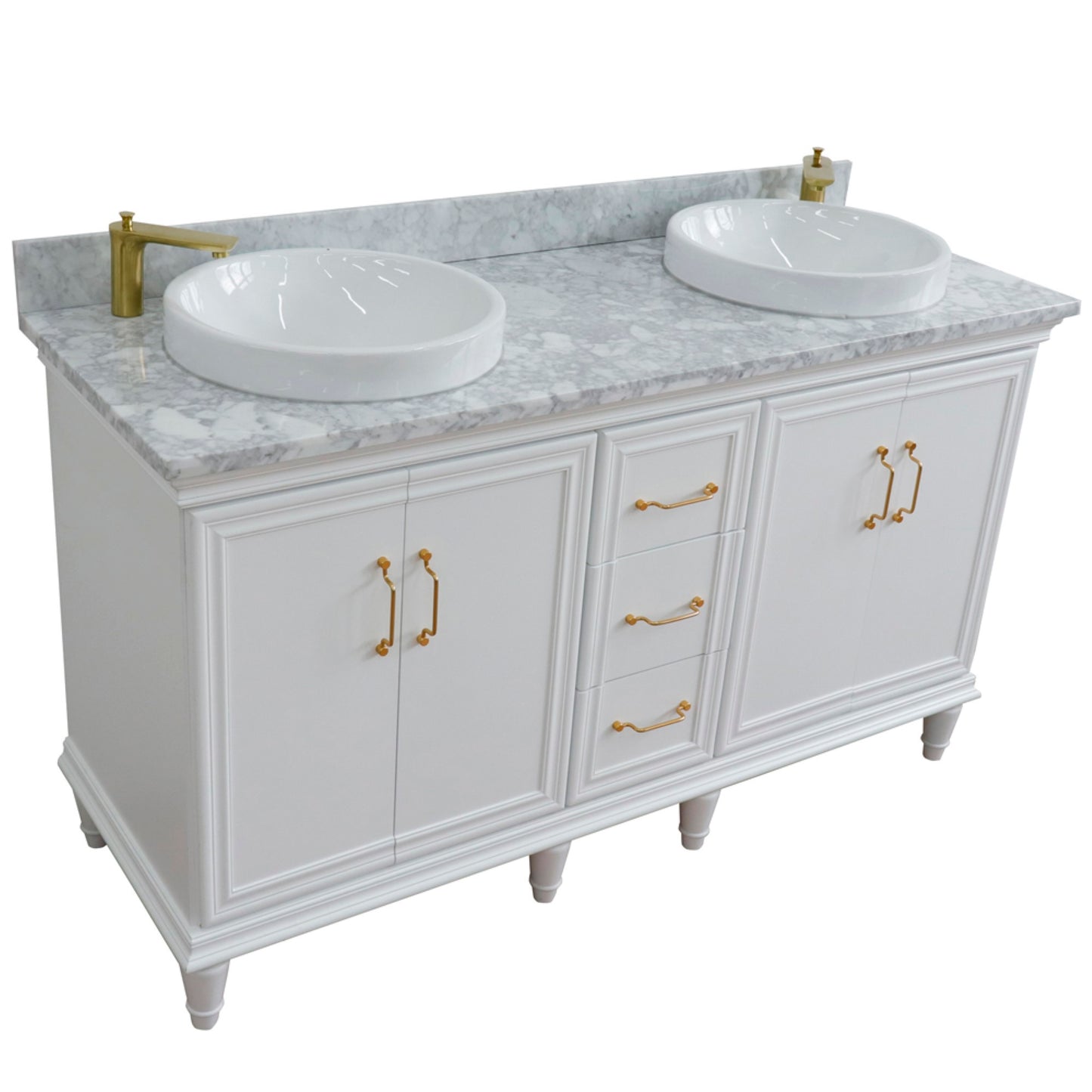 61" Double sink vanity in White finish and White Carrara marble and round sink