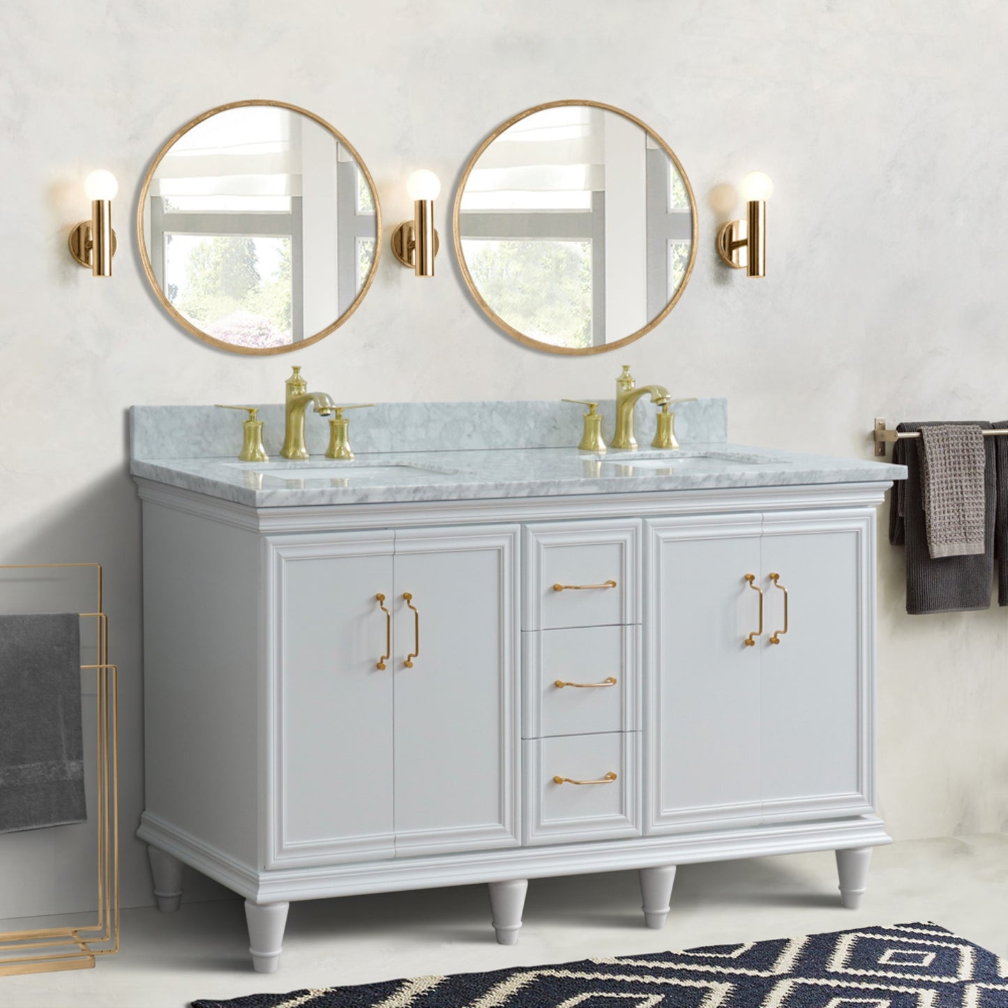 61" Double sink vanity in White finish and White Carrara marble and rectangle sink