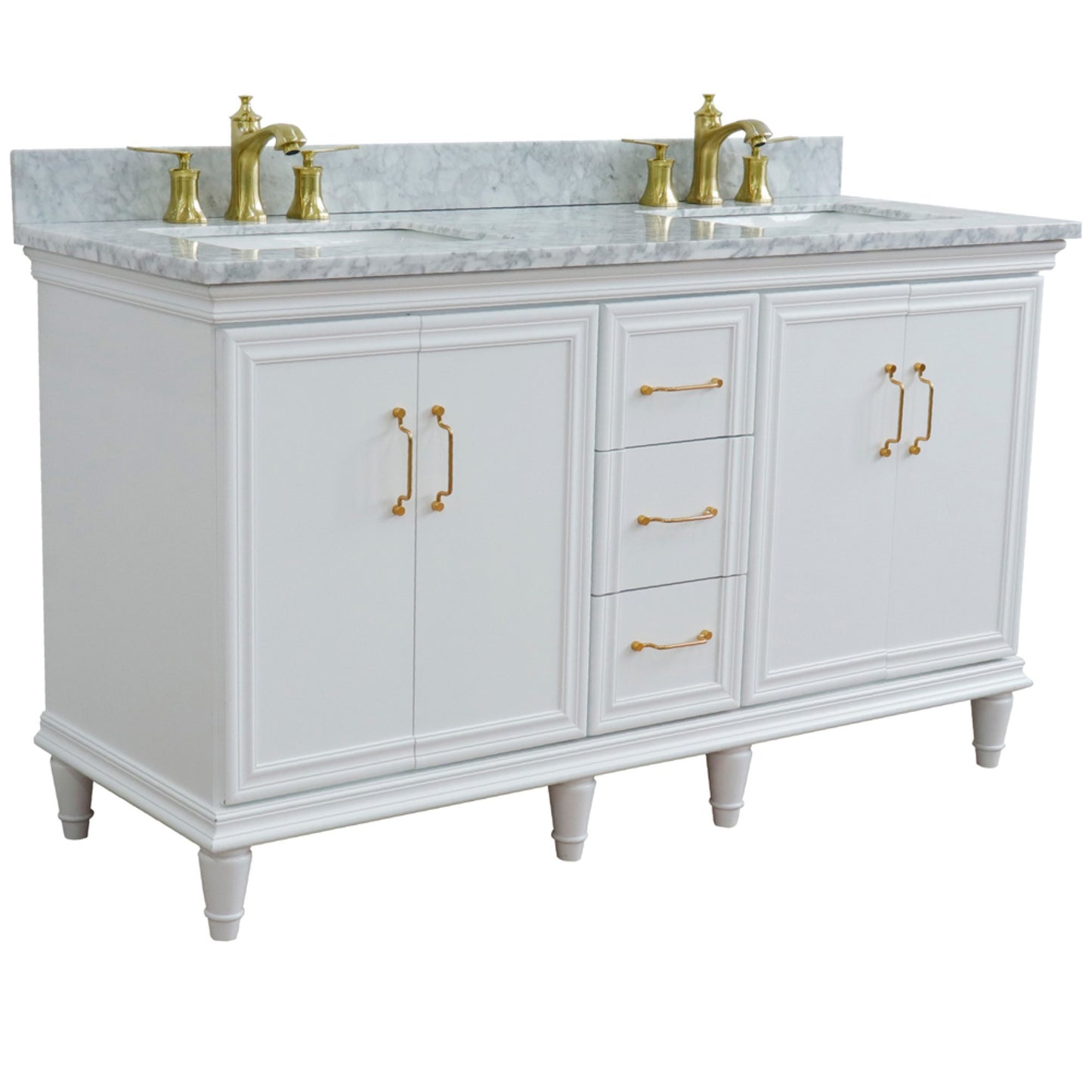 61" Double sink vanity in White finish and White Carrara marble and rectangle sink