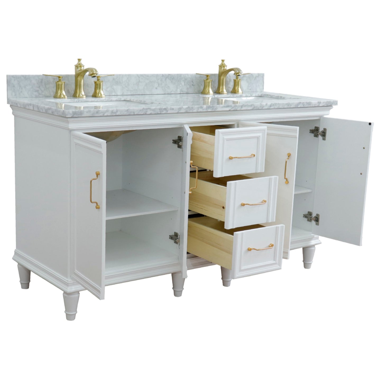 61" Double sink vanity in White finish and White Carrara marble and rectangle sink
