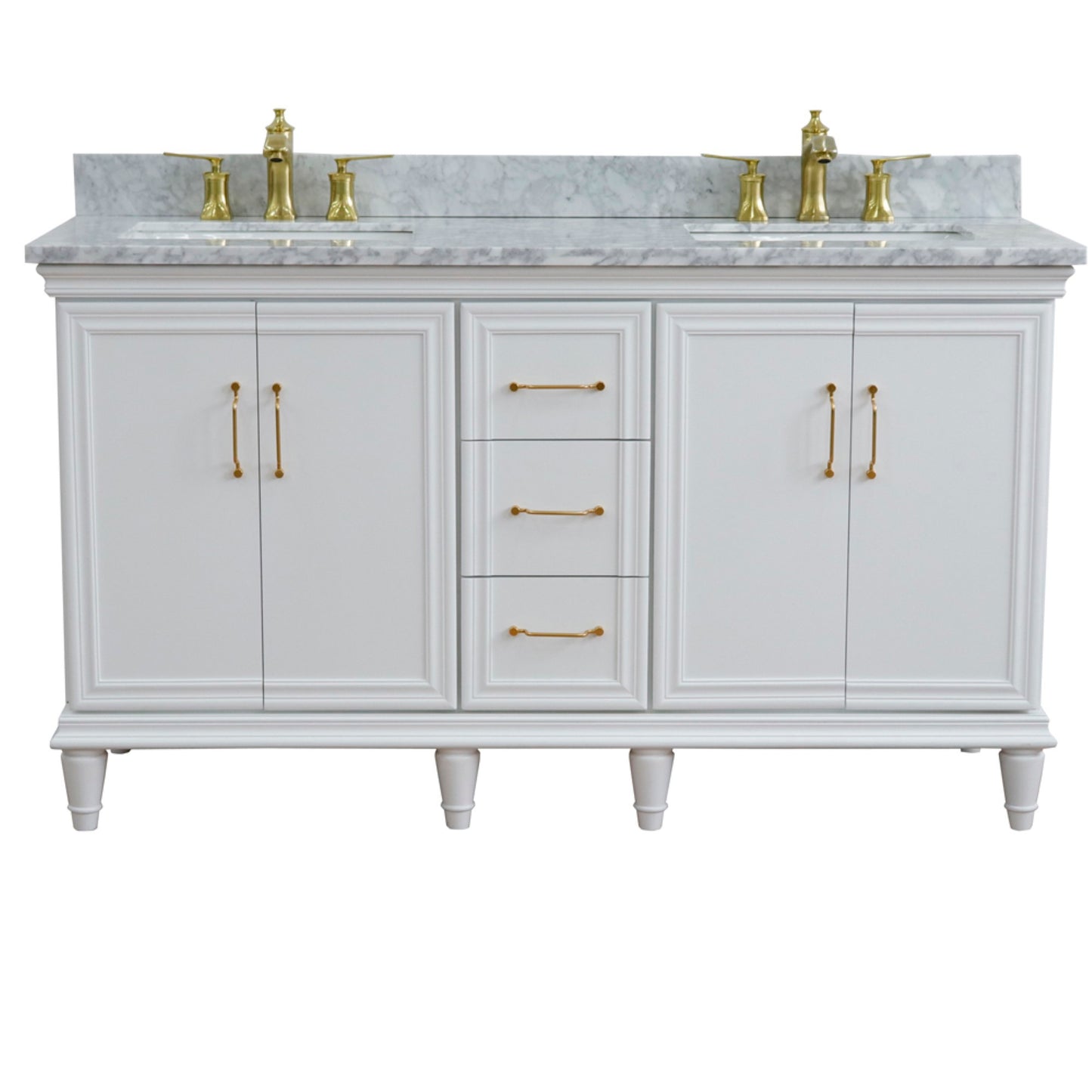 61" Double sink vanity in White finish and White Carrara marble and rectangle sink