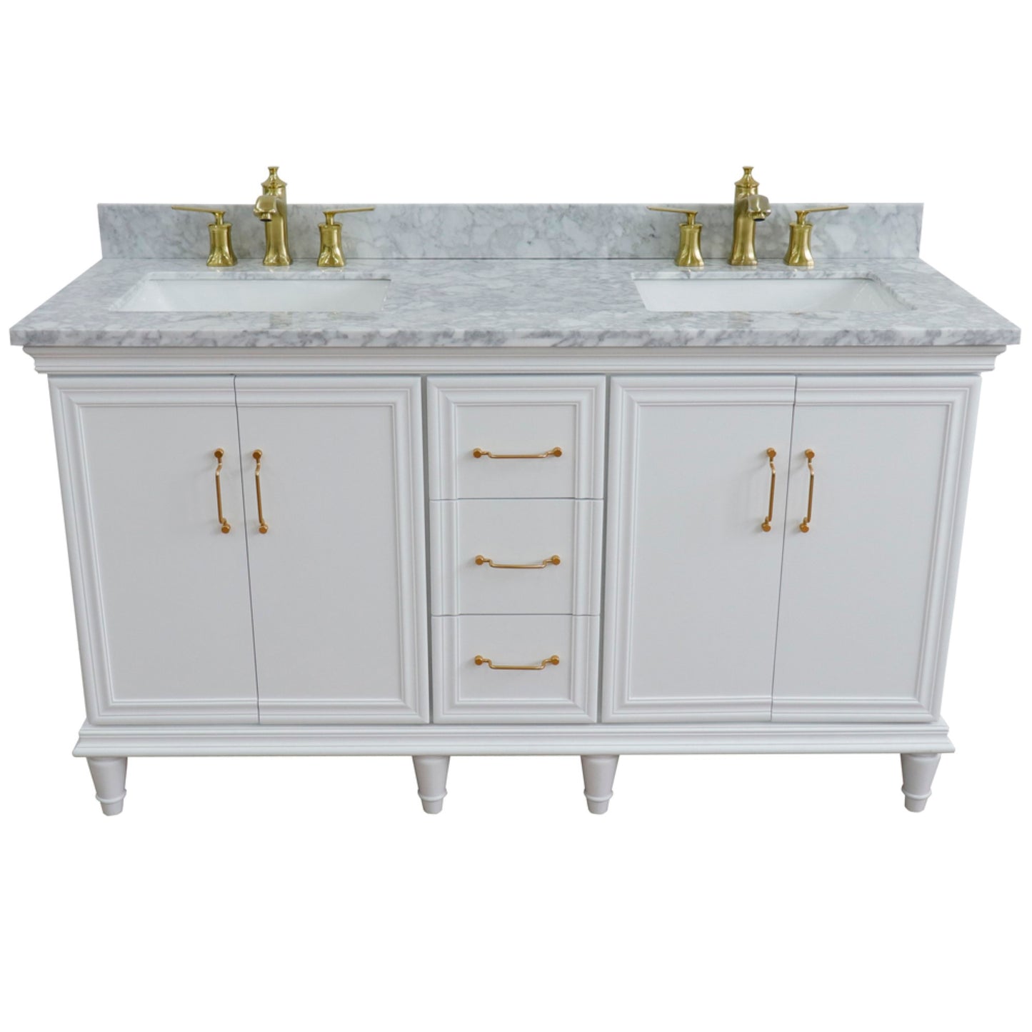 61" Double sink vanity in White finish and White Carrara marble and rectangle sink