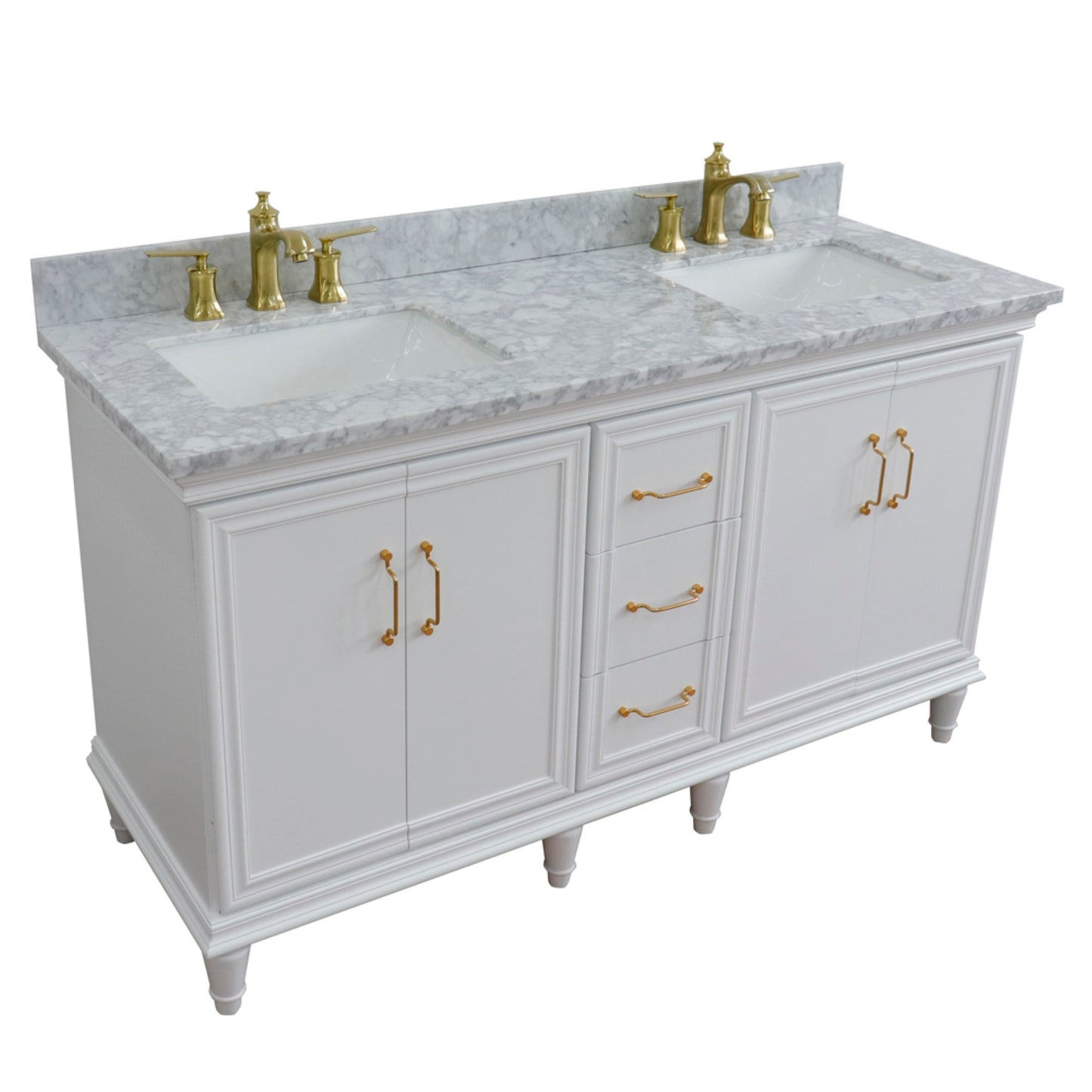 61" Double sink vanity in White finish and White Carrara marble and rectangle sink