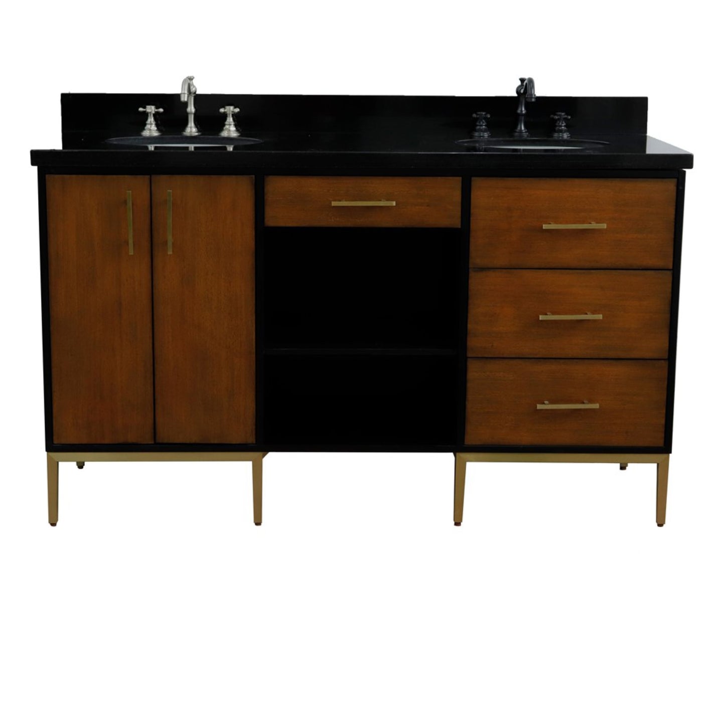 61" Double sink vanity in Walnut and Black finish and Black galaxy granite and oval sink