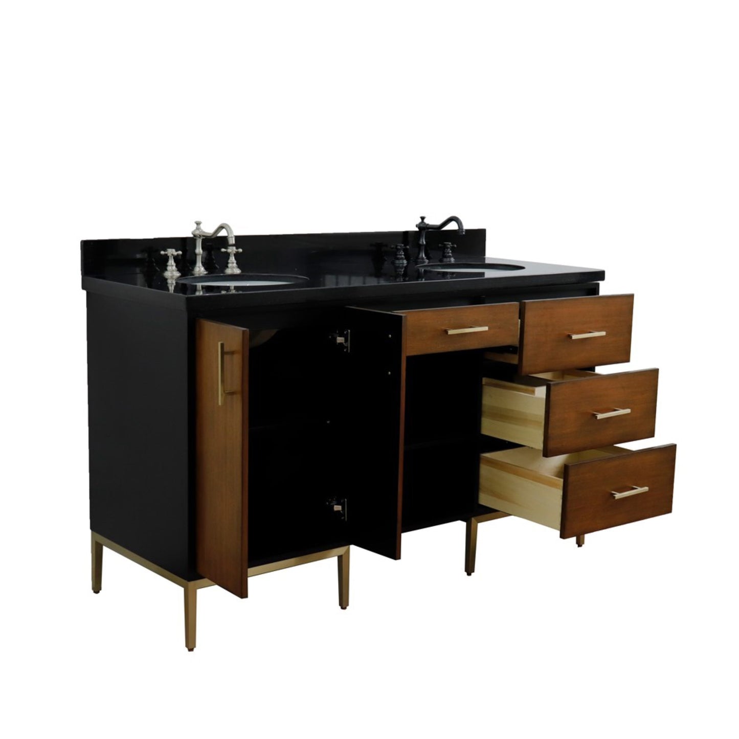 61" Double sink vanity in Walnut and Black finish and Black galaxy granite and oval sink