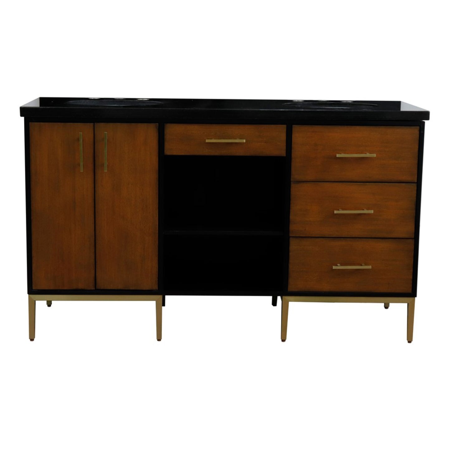 61" Double sink vanity in Walnut and Black finish and Black galaxy granite and oval sink