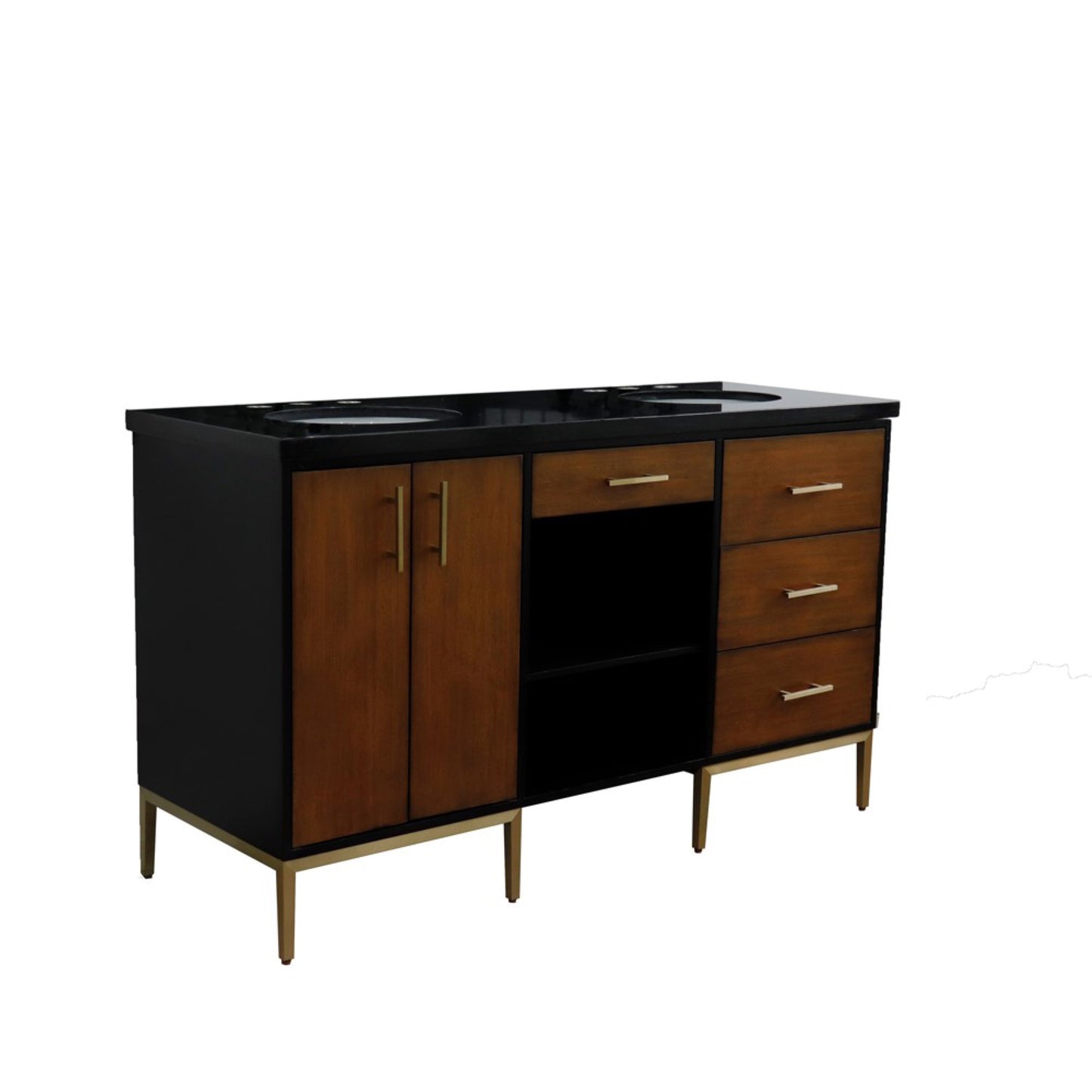 61" Double sink vanity in Walnut and Black finish and Black galaxy granite and oval sink