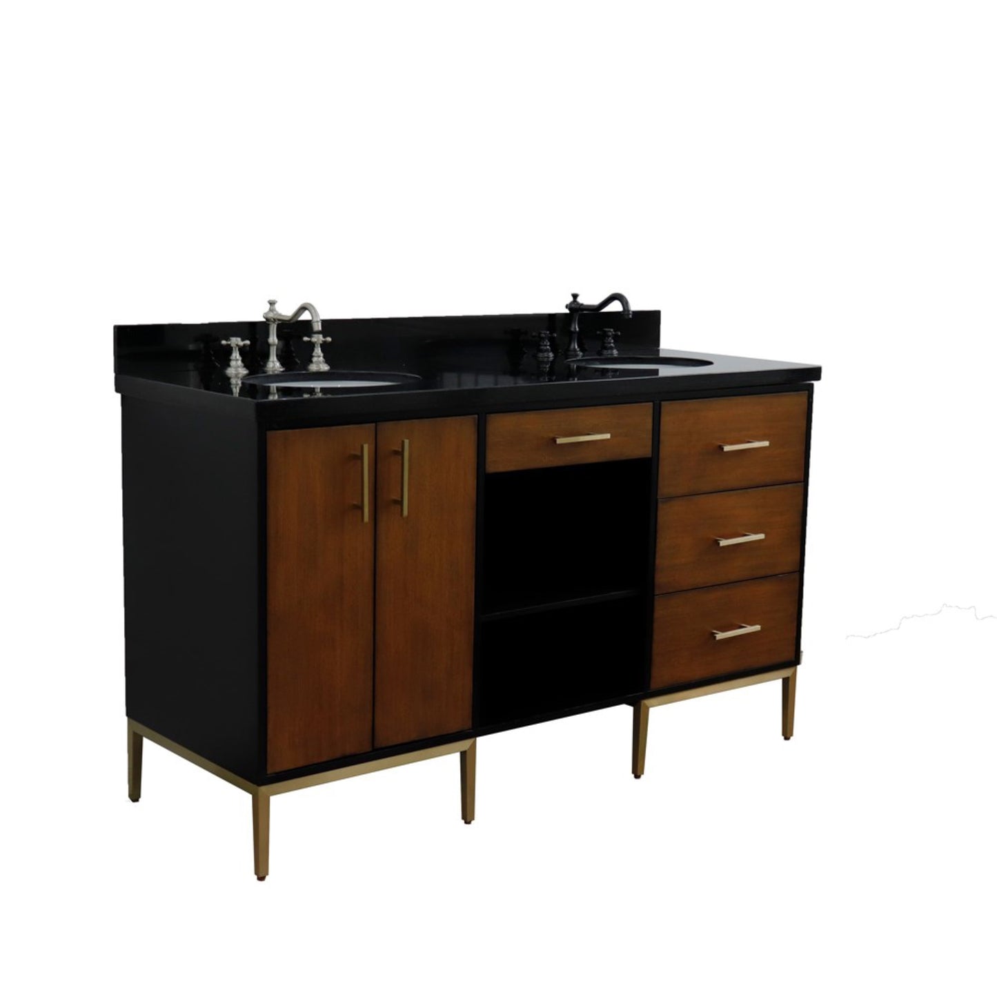 61" Double sink vanity in Walnut and Black finish and Black galaxy granite and oval sink