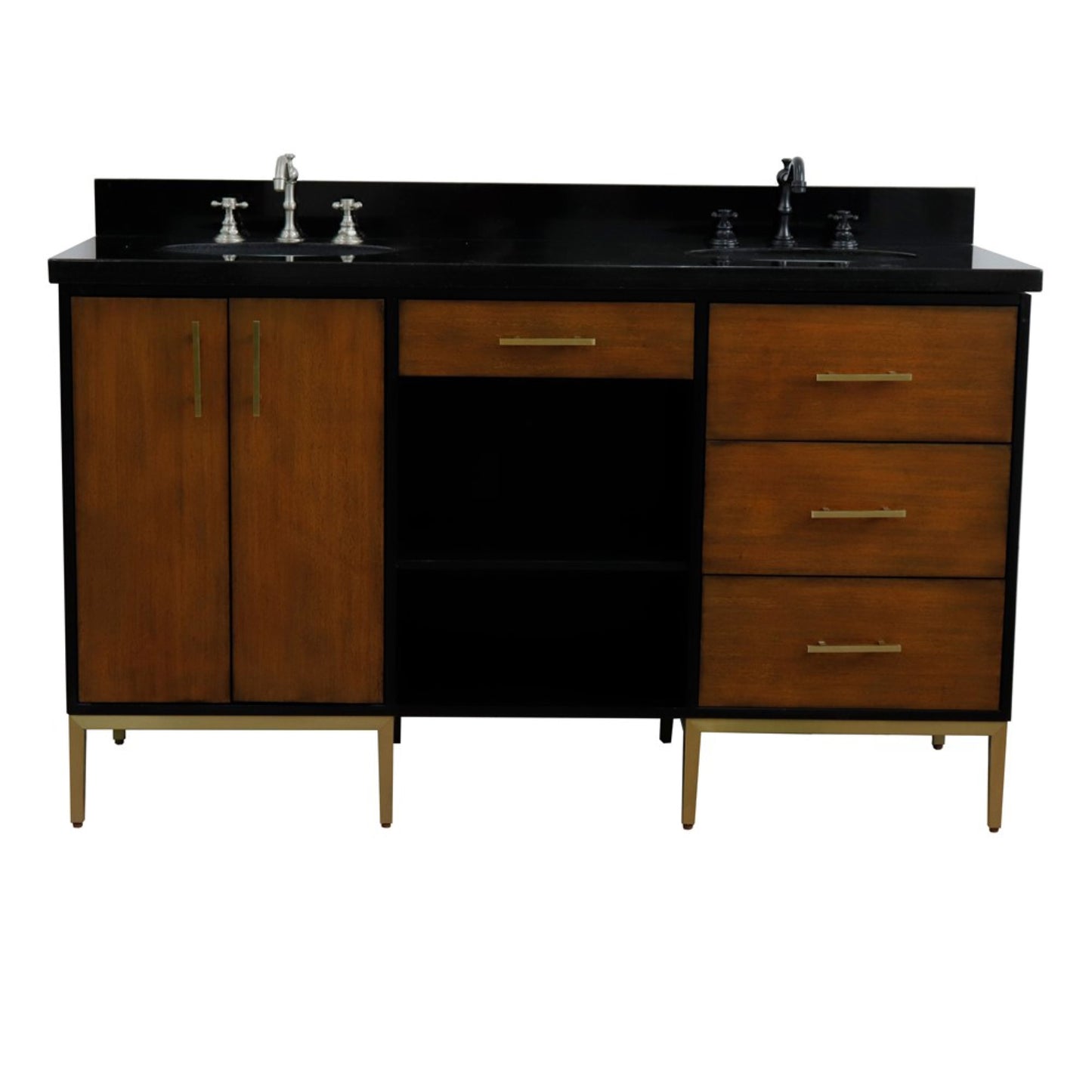 61" Double sink vanity in Walnut and Black finish and Black galaxy granite and oval sink