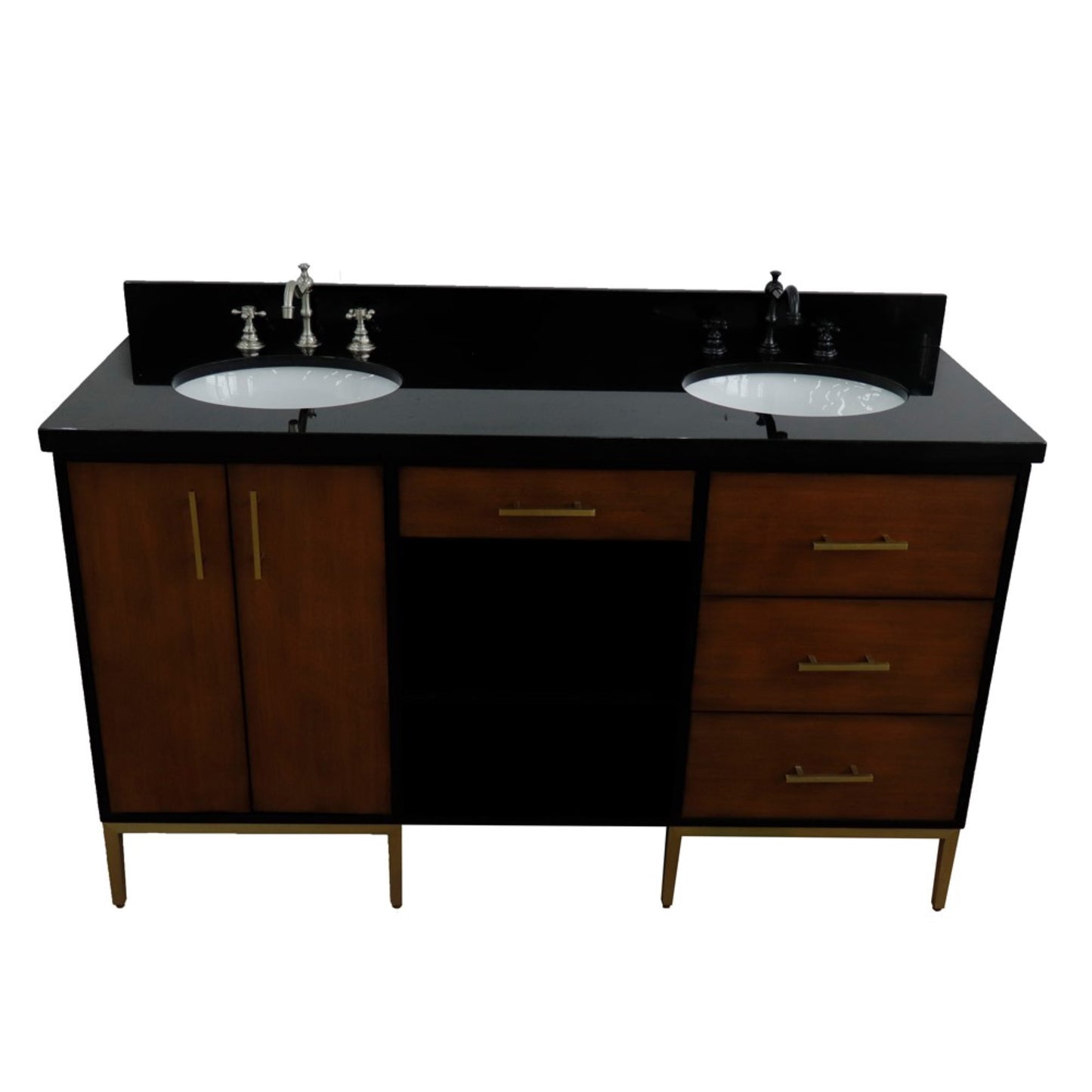 61" Double sink vanity in Walnut and Black finish and Black galaxy granite and oval sink