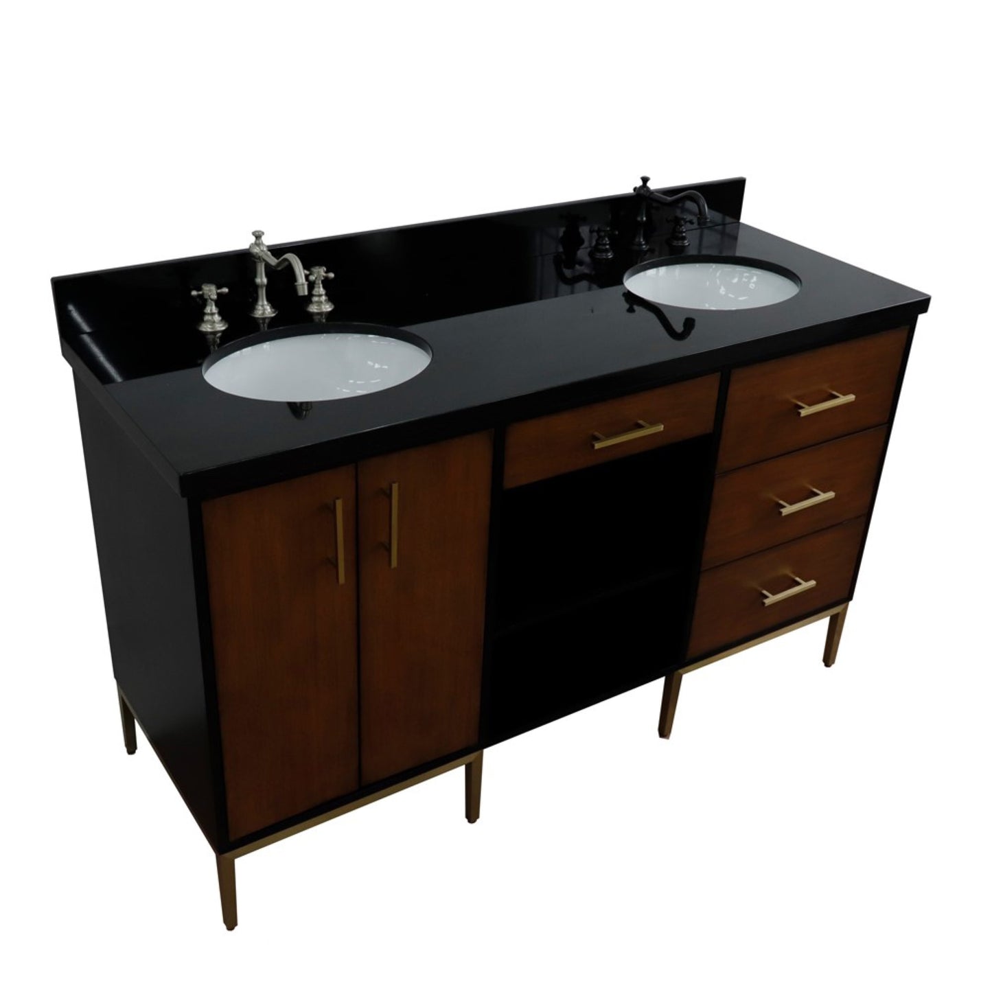 61" Double sink vanity in Walnut and Black finish and Black galaxy granite and oval sink