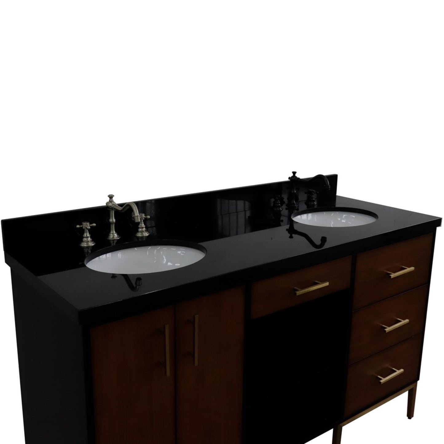 61" Double sink vanity in Walnut and Black finish and Black galaxy granite and oval sink