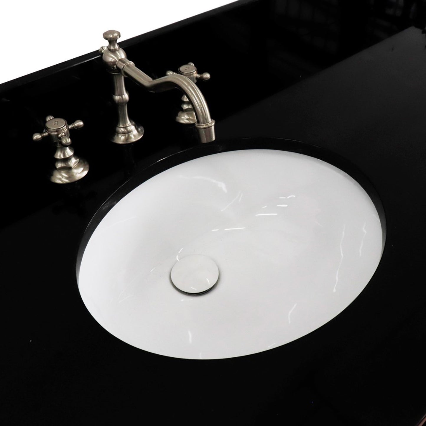 61" Double sink vanity in Walnut and Black finish and Black galaxy granite and oval sink