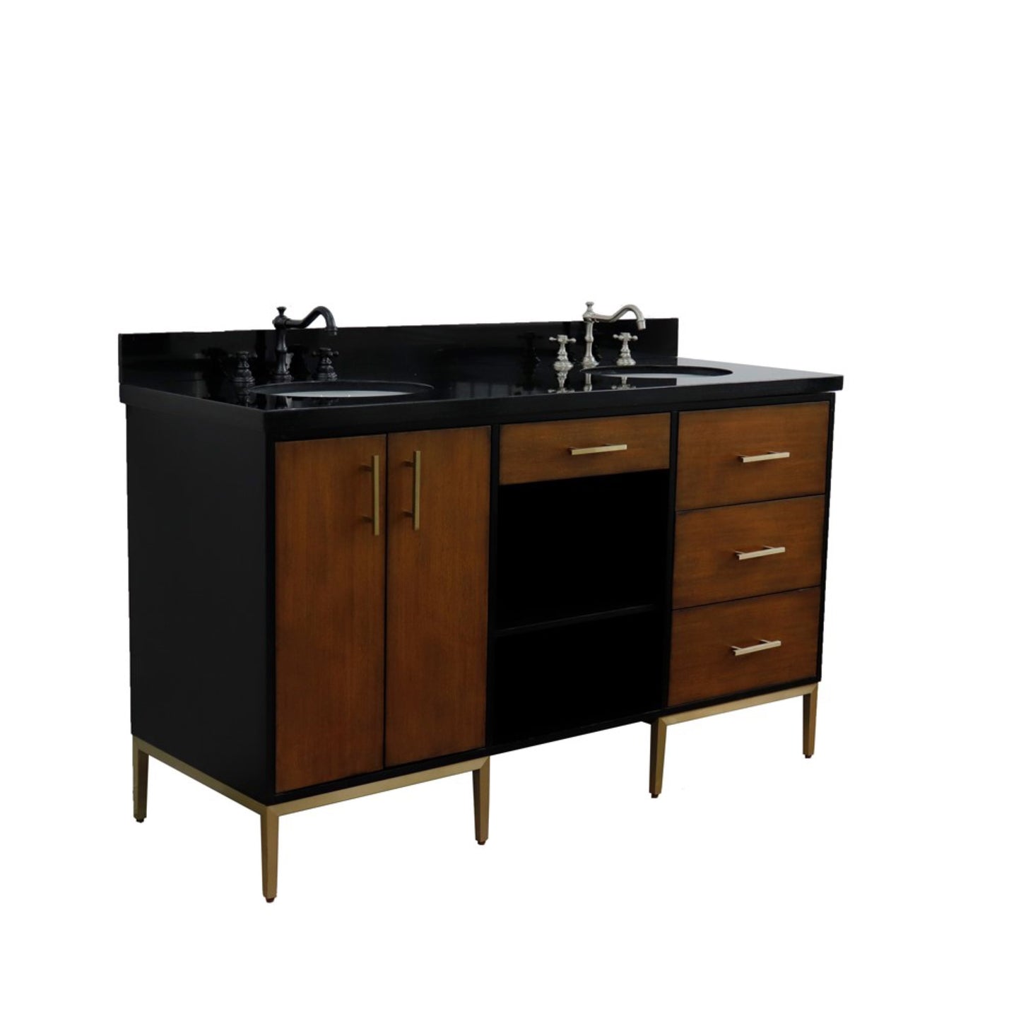 61" Double sink vanity in Walnut and Black finish and Black galaxy granite and oval sink