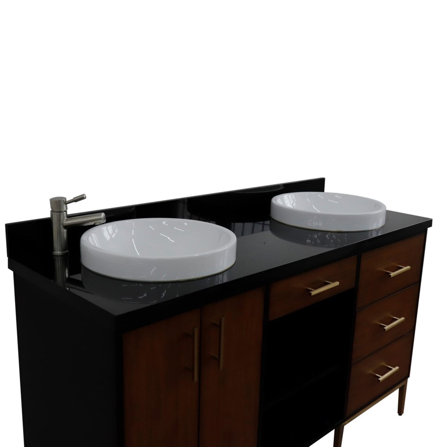 61" Double sink vanity in Walnut and Black finish and Black galaxy granite and round sink