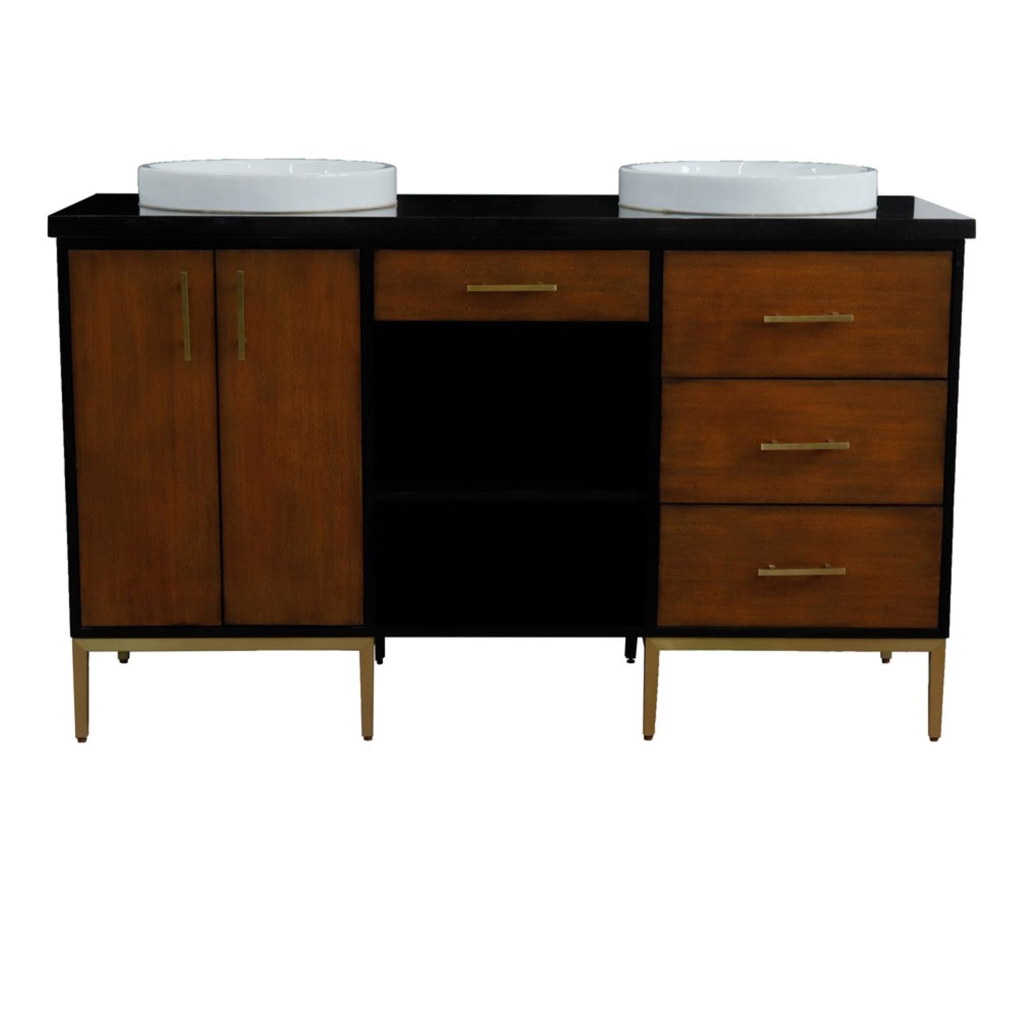 61" Double sink vanity in Walnut and Black finish and Black galaxy granite and round sink