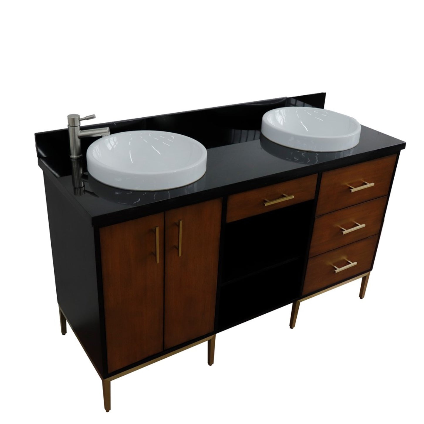 61" Double sink vanity in Walnut and Black finish and Black galaxy granite and round sink