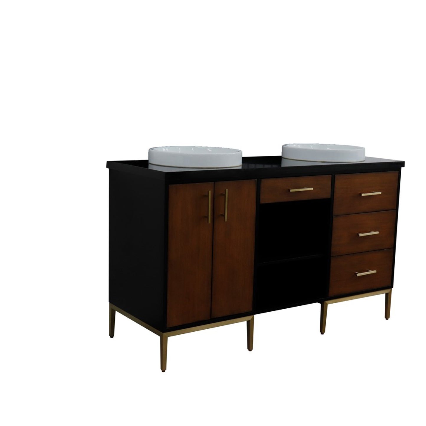 61" Double sink vanity in Walnut and Black finish and Black galaxy granite and round sink