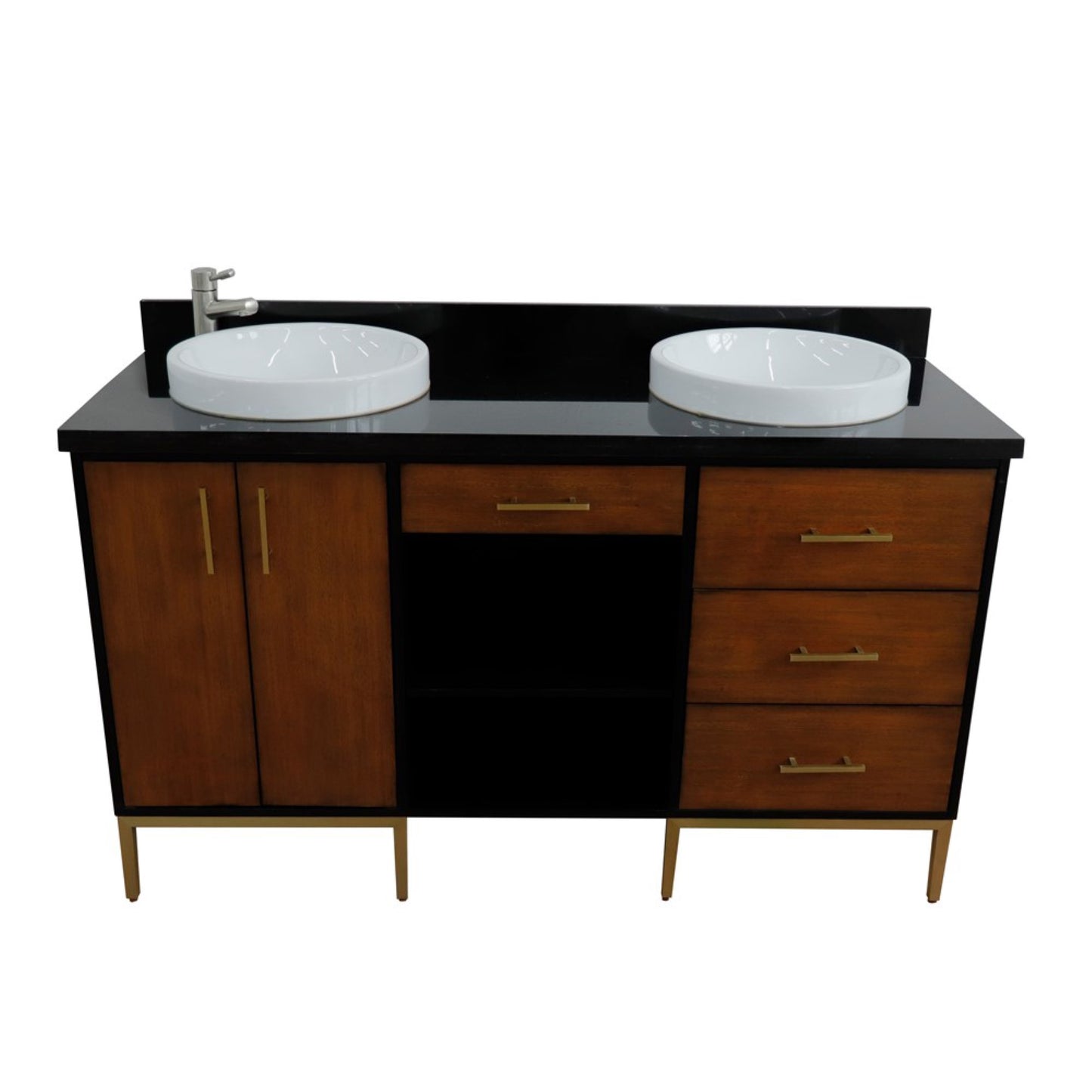 61" Double sink vanity in Walnut and Black finish and Black galaxy granite and round sink