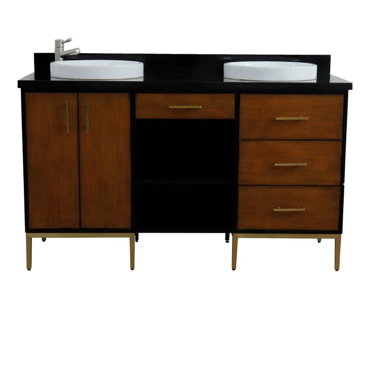 61" Double sink vanity in Walnut and Black finish and Black galaxy granite and round sink