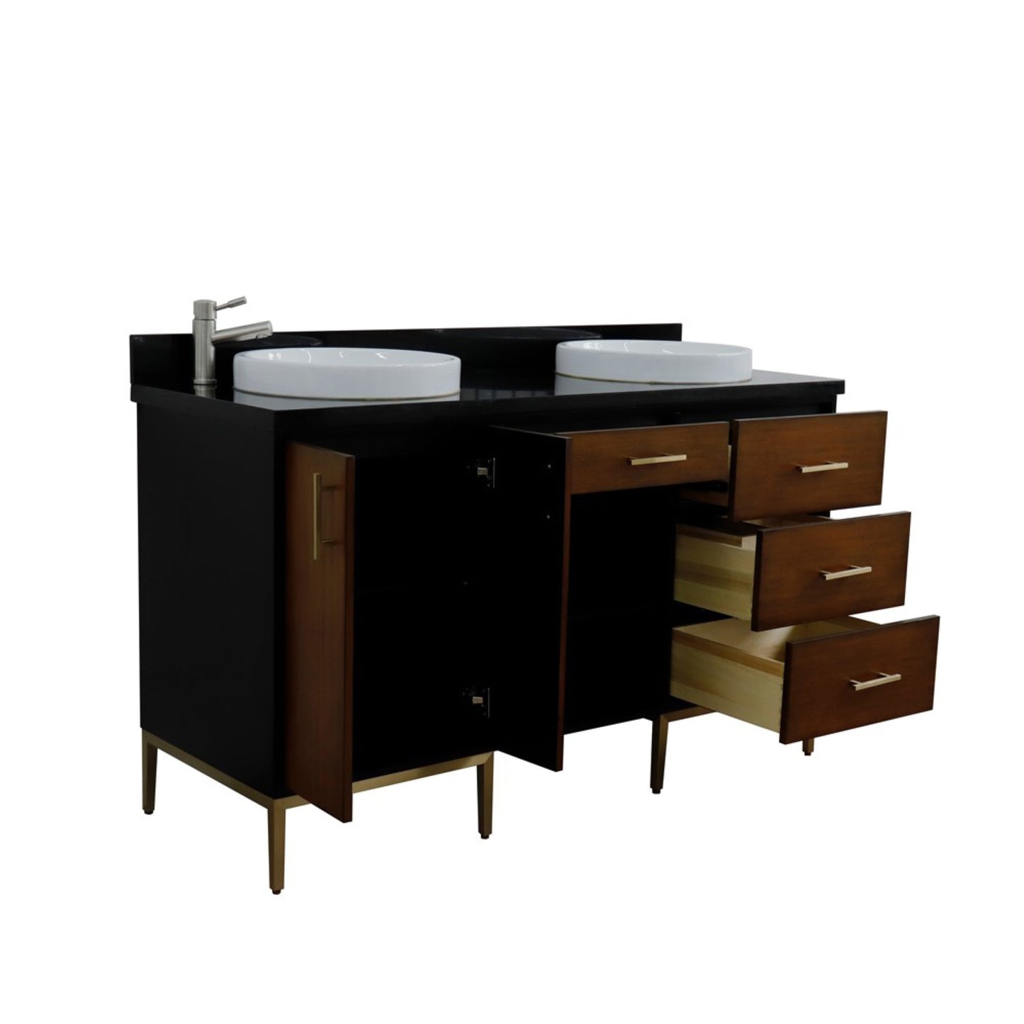 61" Double sink vanity in Walnut and Black finish and Black galaxy granite and round sink