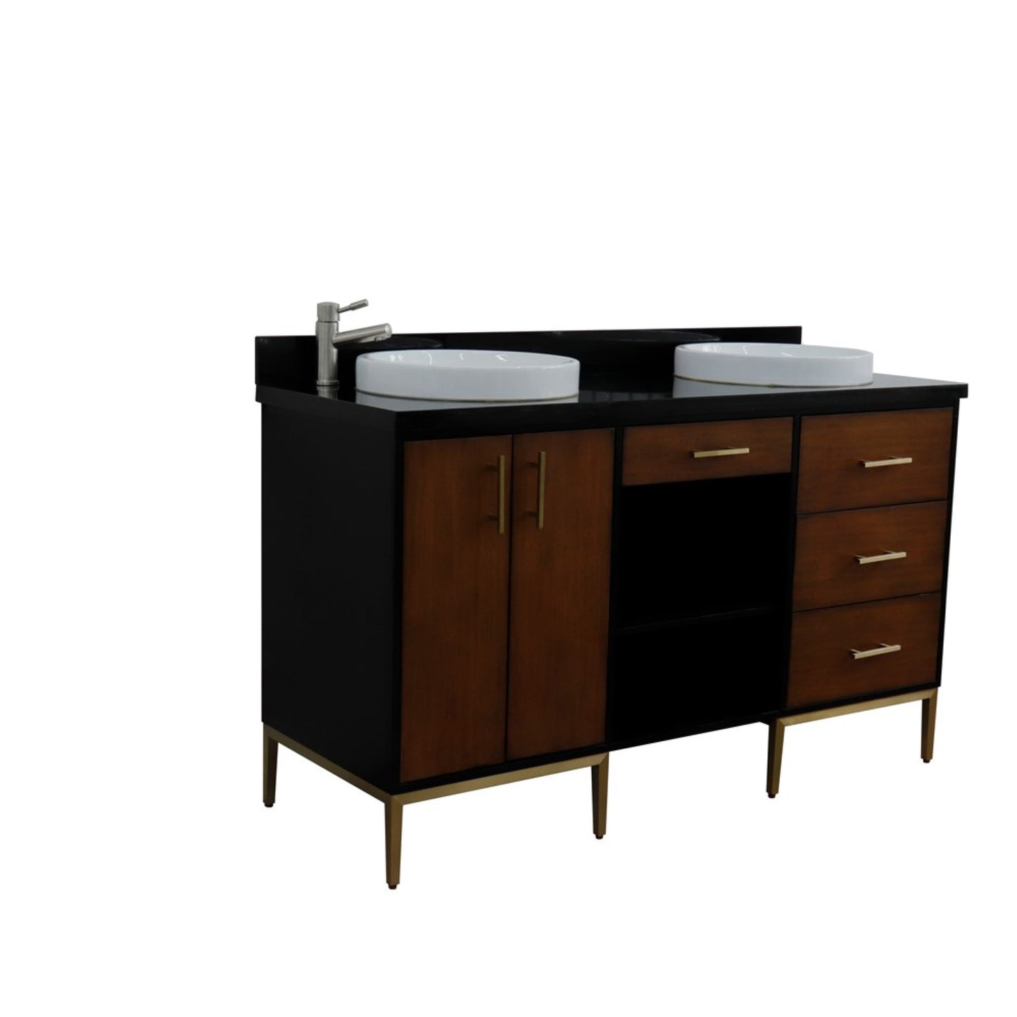 61" Double sink vanity in Walnut and Black finish and Black galaxy granite and round sink