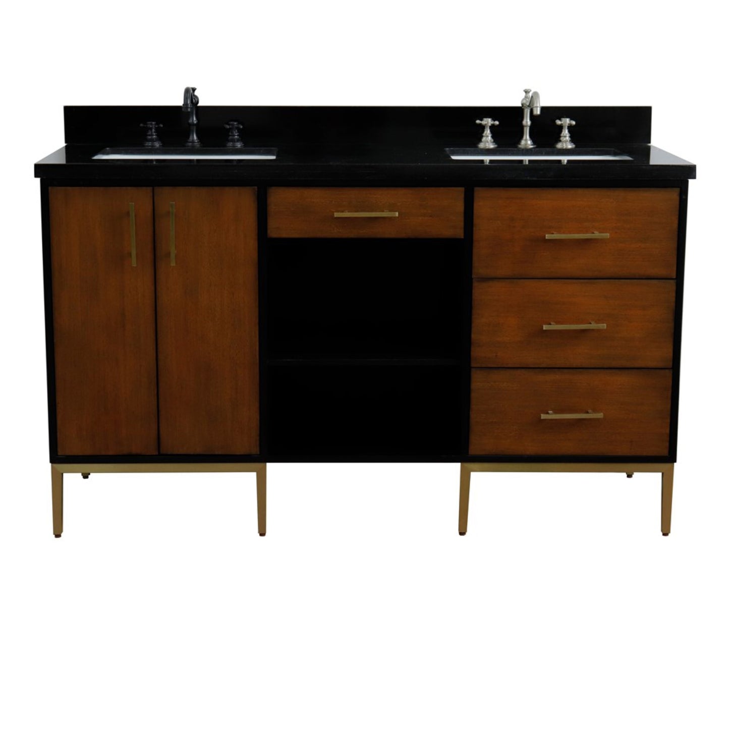 61" Double sink vanity in Walnut and Black finish and Black galaxy granite and rectangle sink