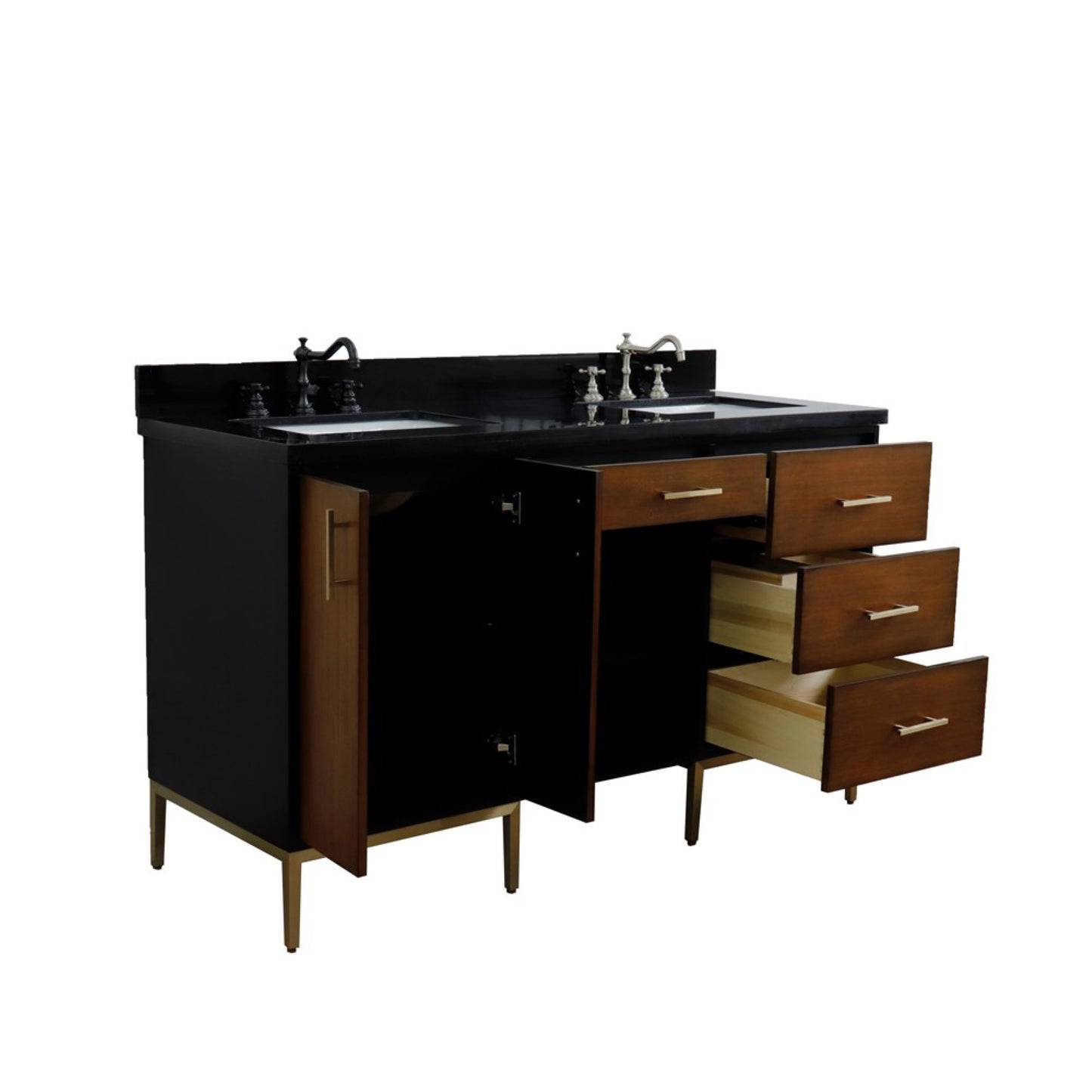 61" Double sink vanity in Walnut and Black finish and Black galaxy granite and rectangle sink