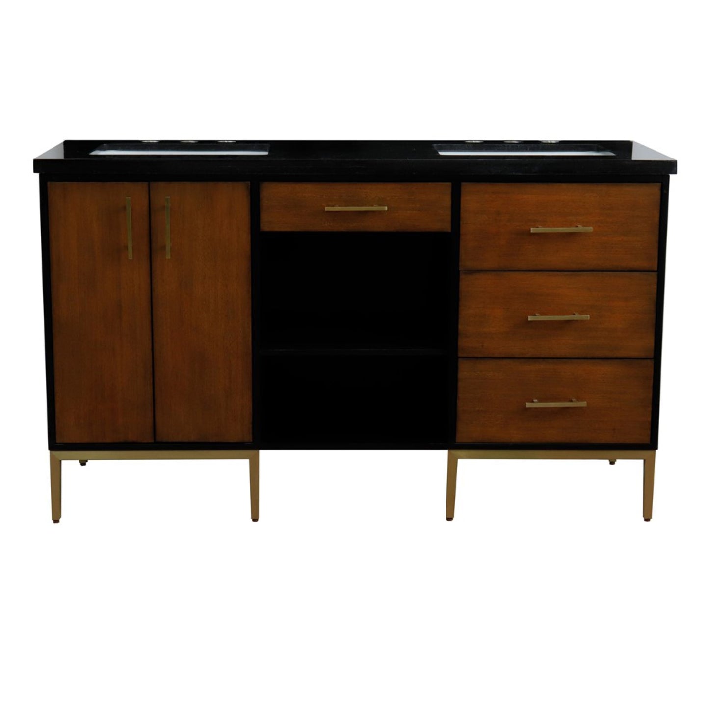 61" Double sink vanity in Walnut and Black finish and Black galaxy granite and rectangle sink