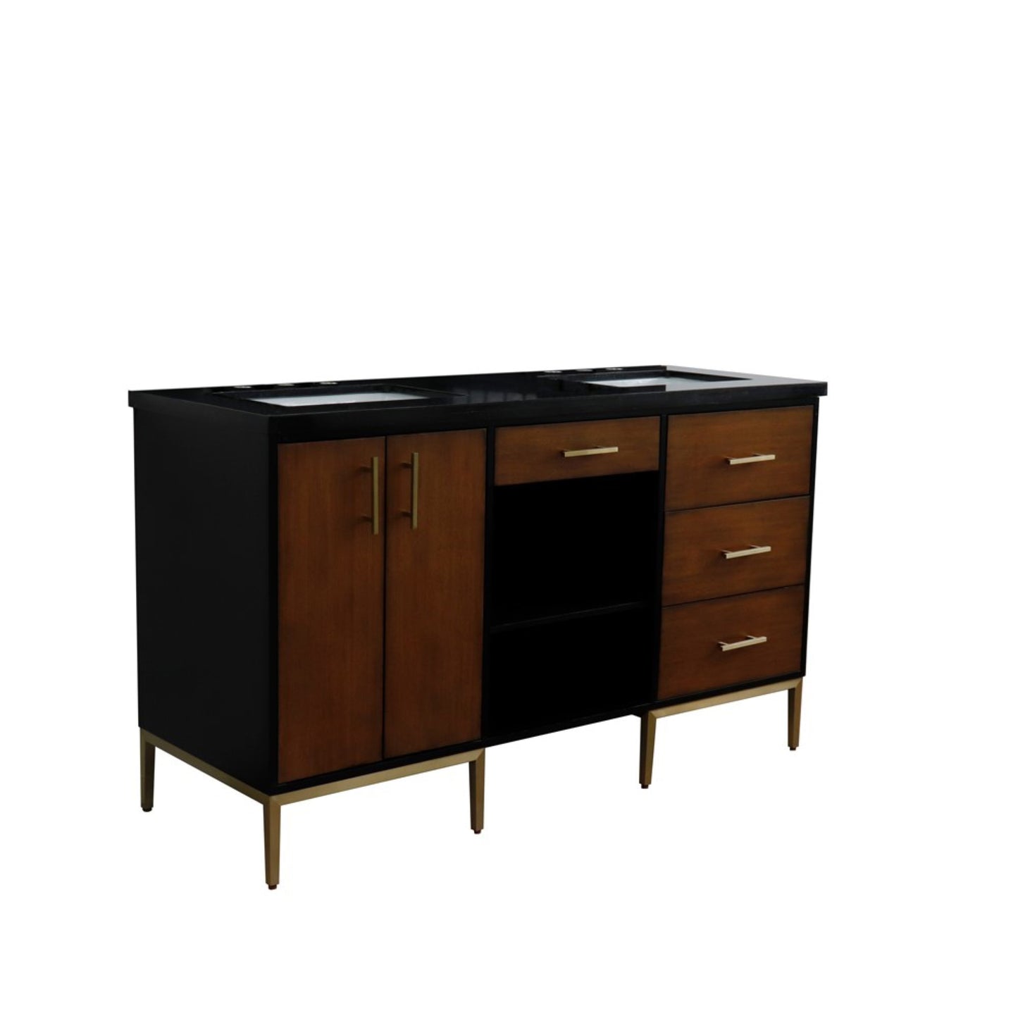 61" Double sink vanity in Walnut and Black finish and Black galaxy granite and rectangle sink