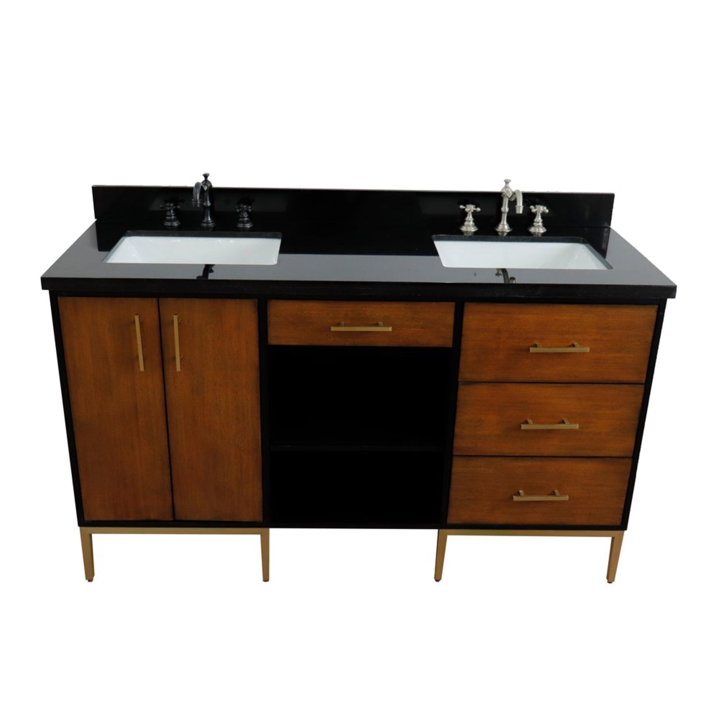61" Double sink vanity in Walnut and Black finish and Black galaxy granite and rectangle sink