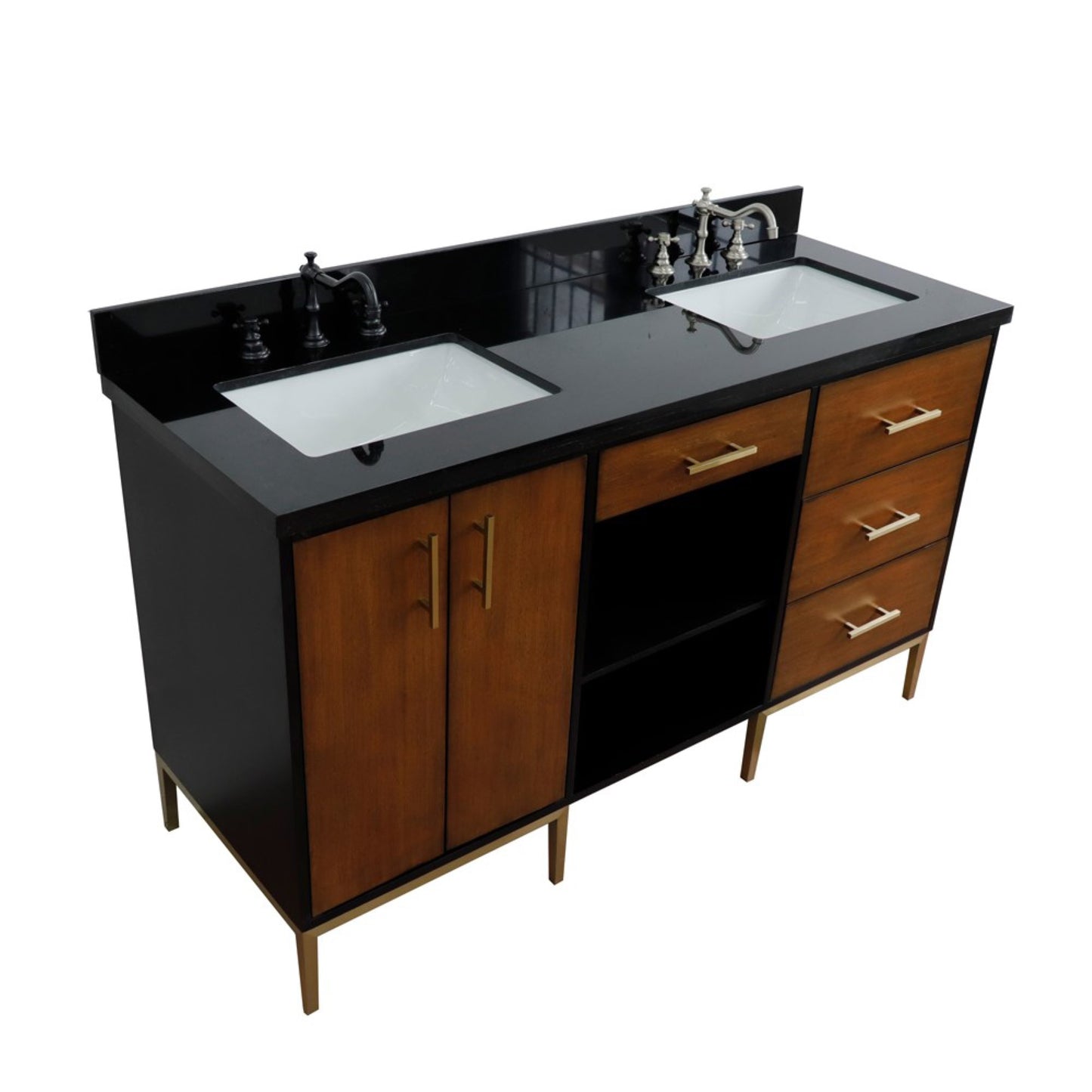 61" Double sink vanity in Walnut and Black finish and Black galaxy granite and rectangle sink
