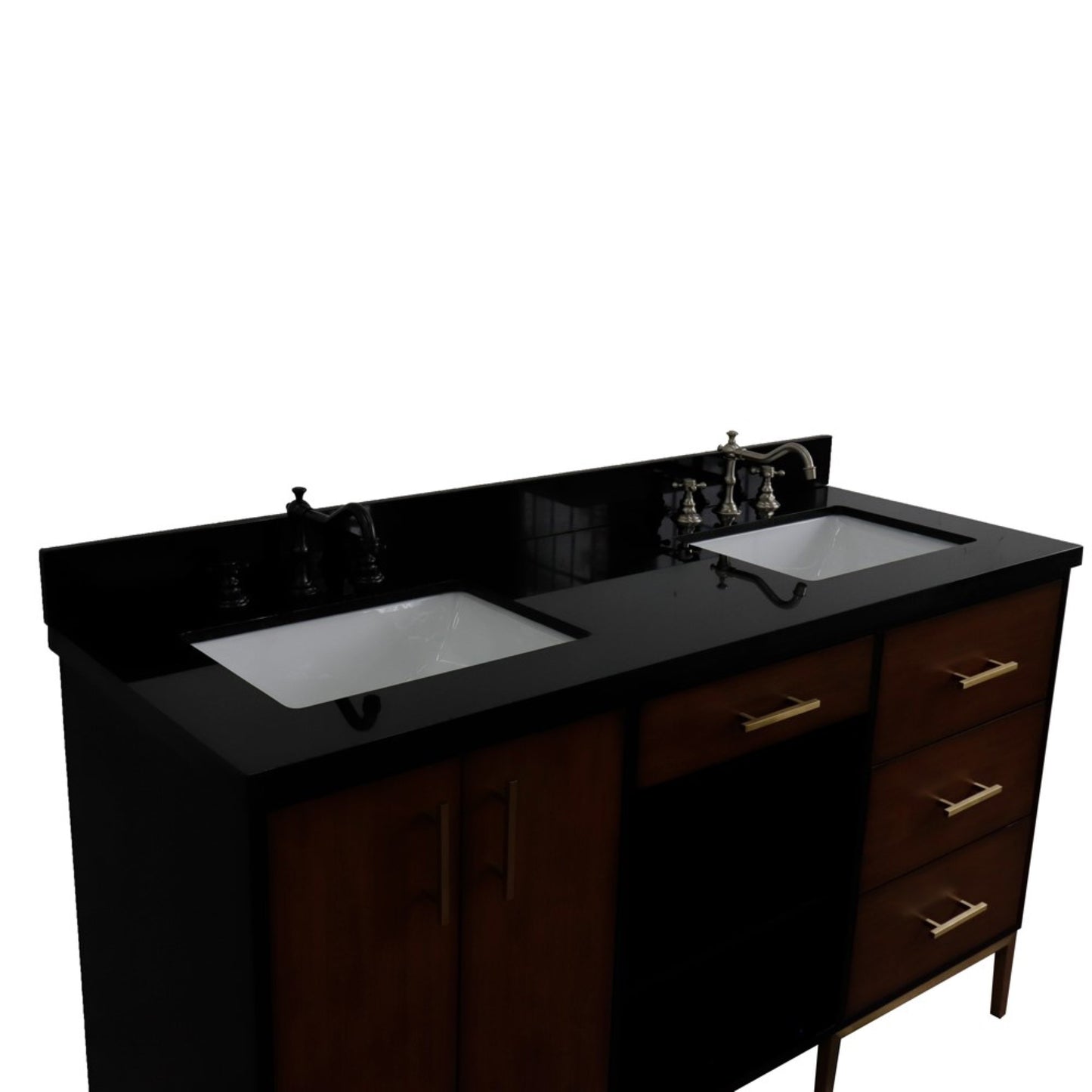 61" Double sink vanity in Walnut and Black finish and Black galaxy granite and rectangle sink