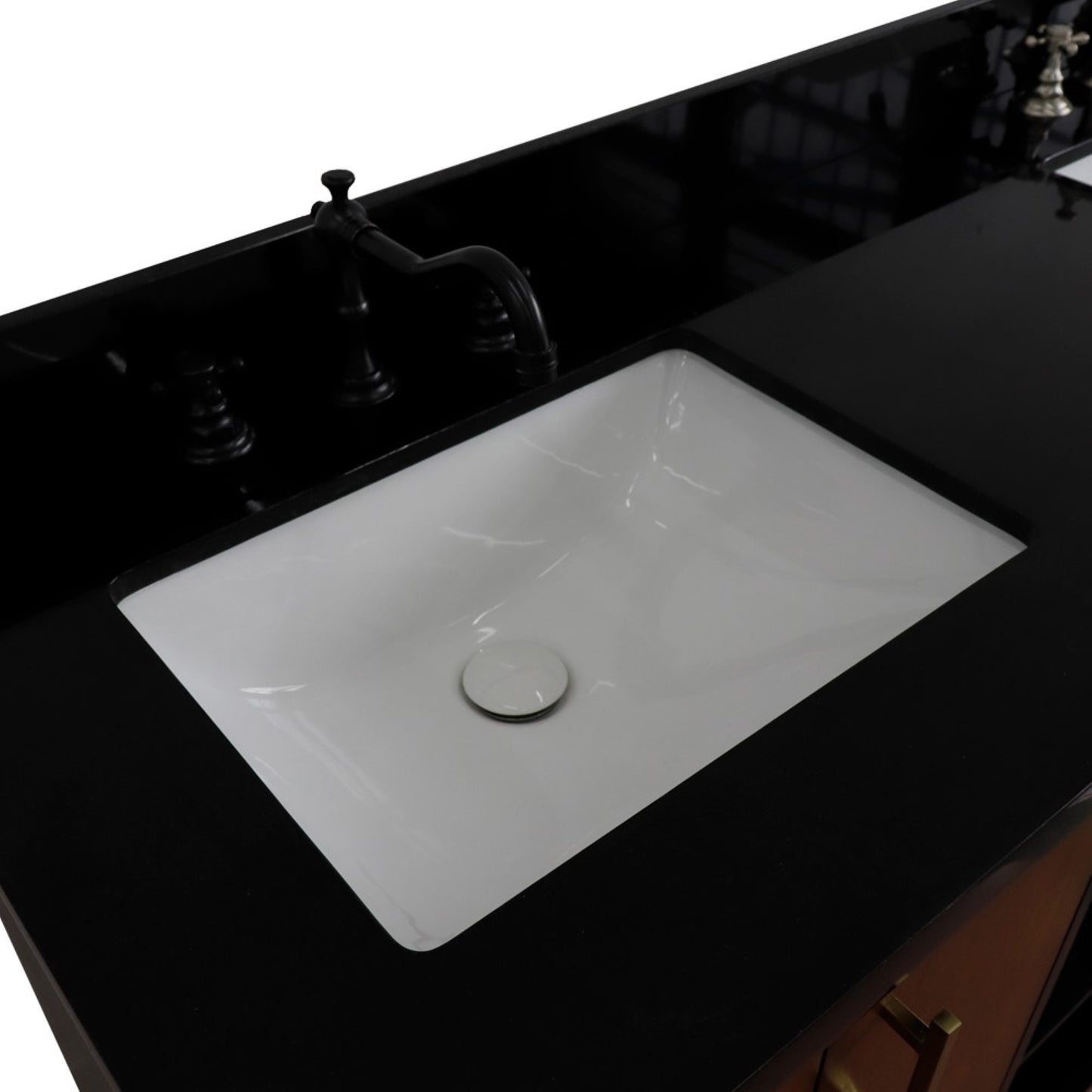 61" Double sink vanity in Walnut and Black finish and Black galaxy granite and rectangle sink
