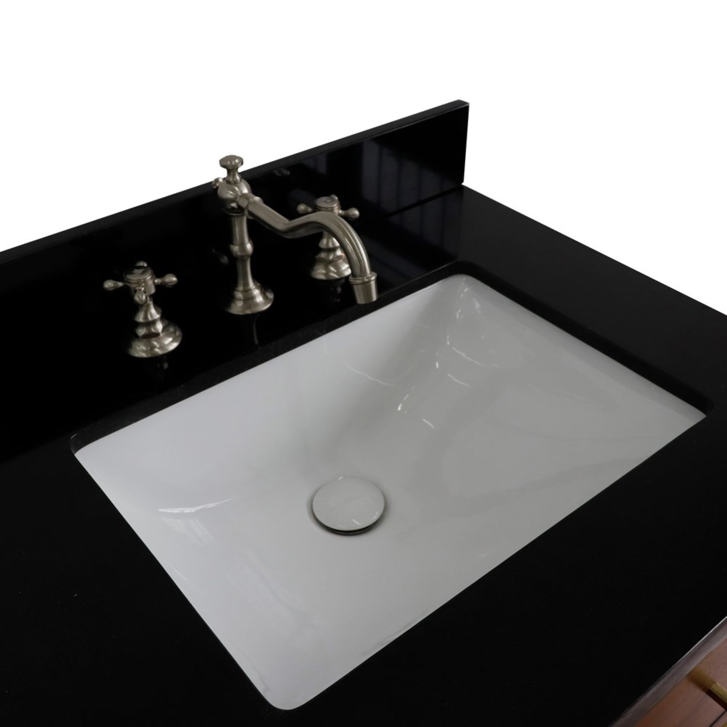 61" Double sink vanity in Walnut and Black finish and Black galaxy granite and rectangle sink