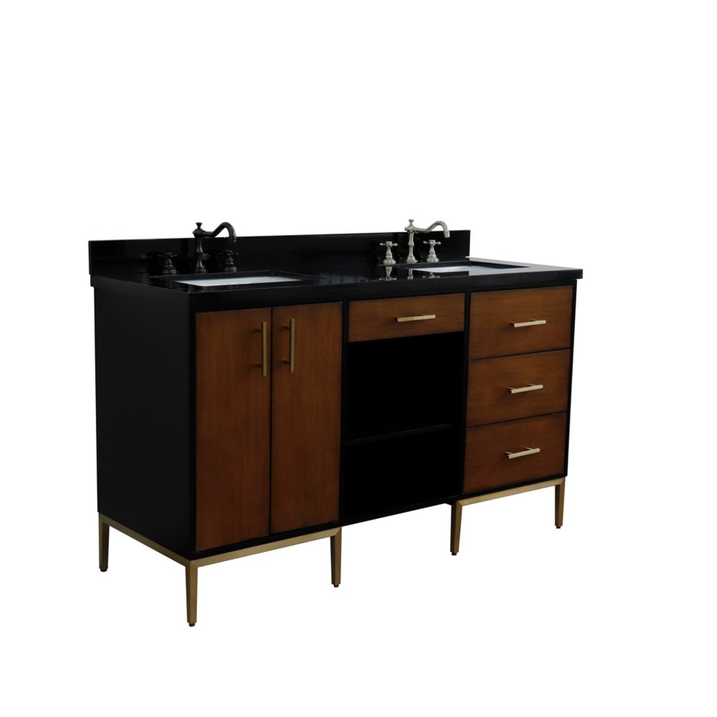 61" Double sink vanity in Walnut and Black finish and Black galaxy granite and rectangle sink