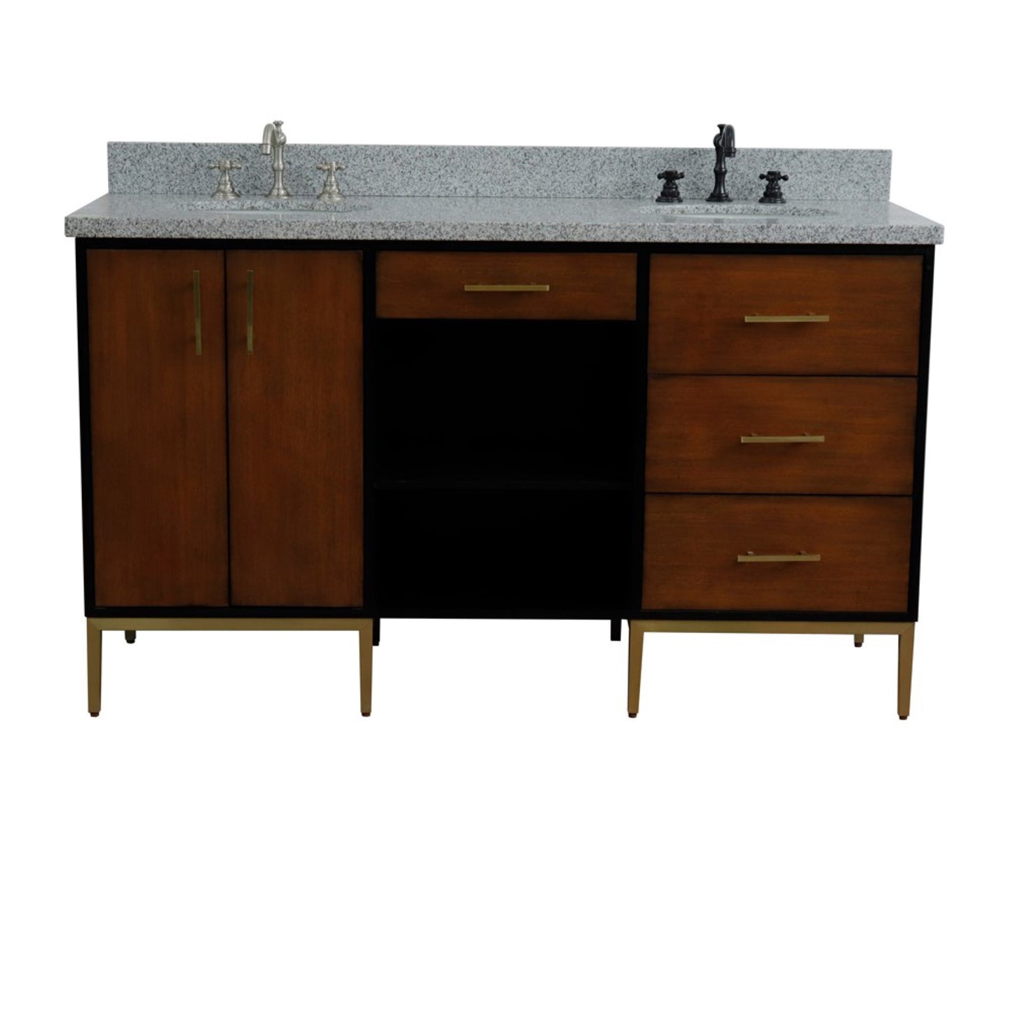 61" Double sink vanity in Walnut and Black finish and Gray granite and oval sink