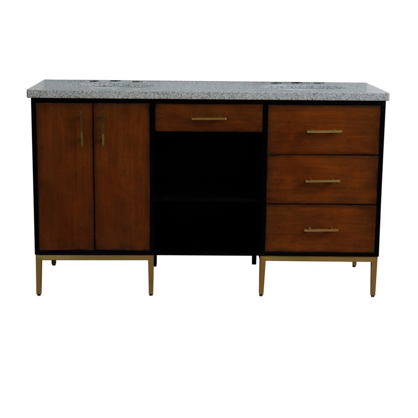 61" Double sink vanity in Walnut and Black finish and Gray granite and oval sink